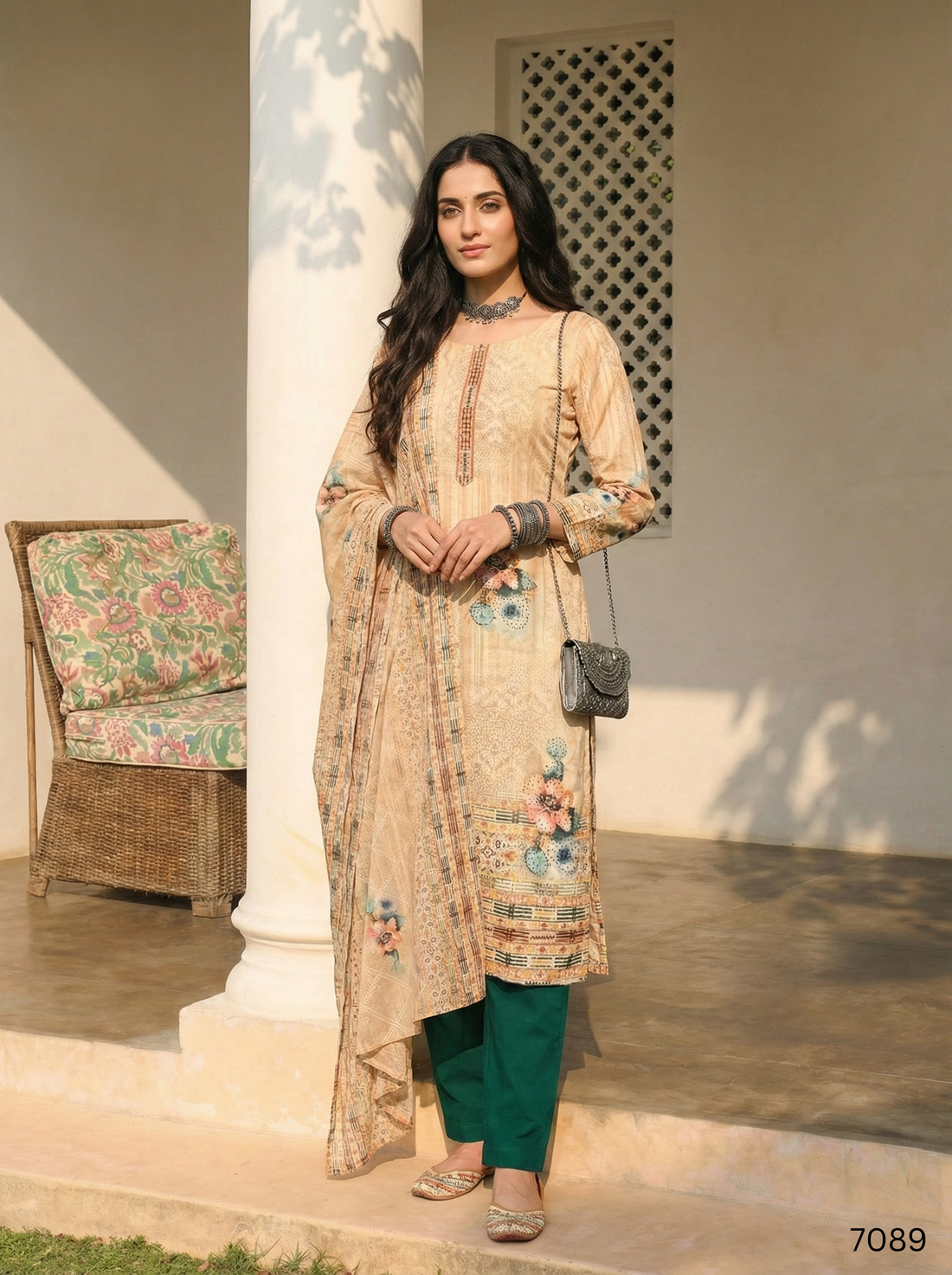 Cream Pure Soft Shimmer Cotton Printed Chudidar Suit 
