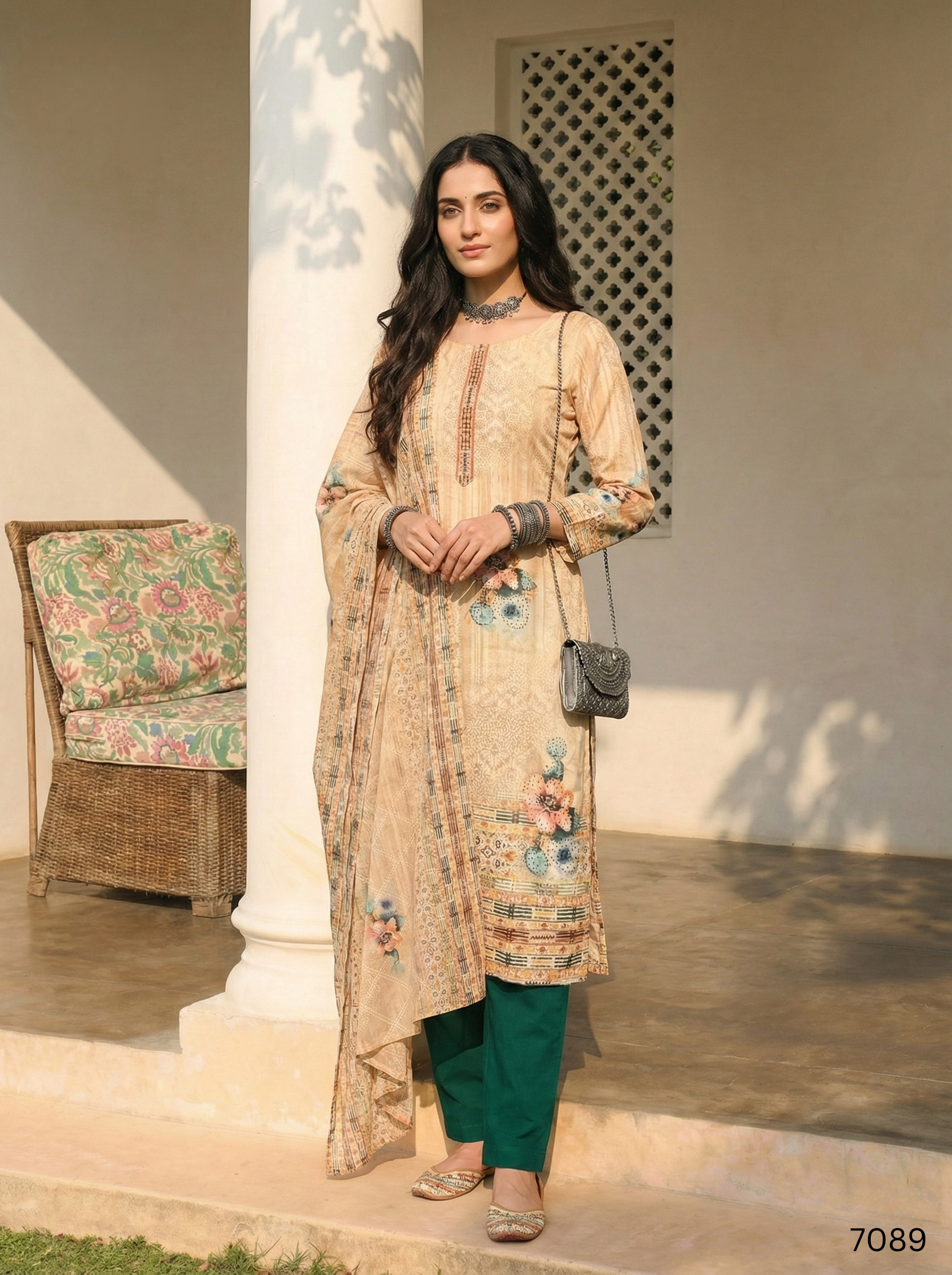 Cream Pure Soft Shimmer Cotton Printed Chudidar Suit 