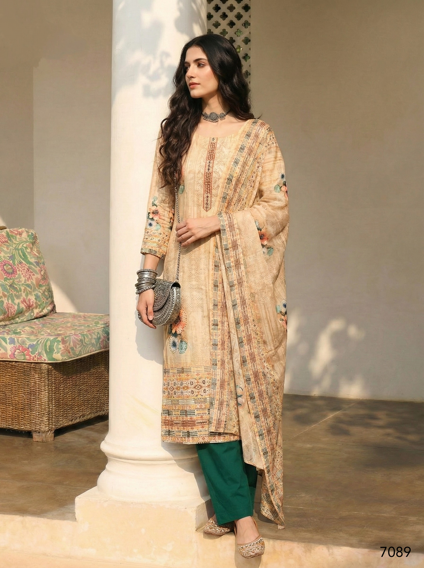 Cream Pure Soft Shimmer Cotton Printed Chudidar Suit