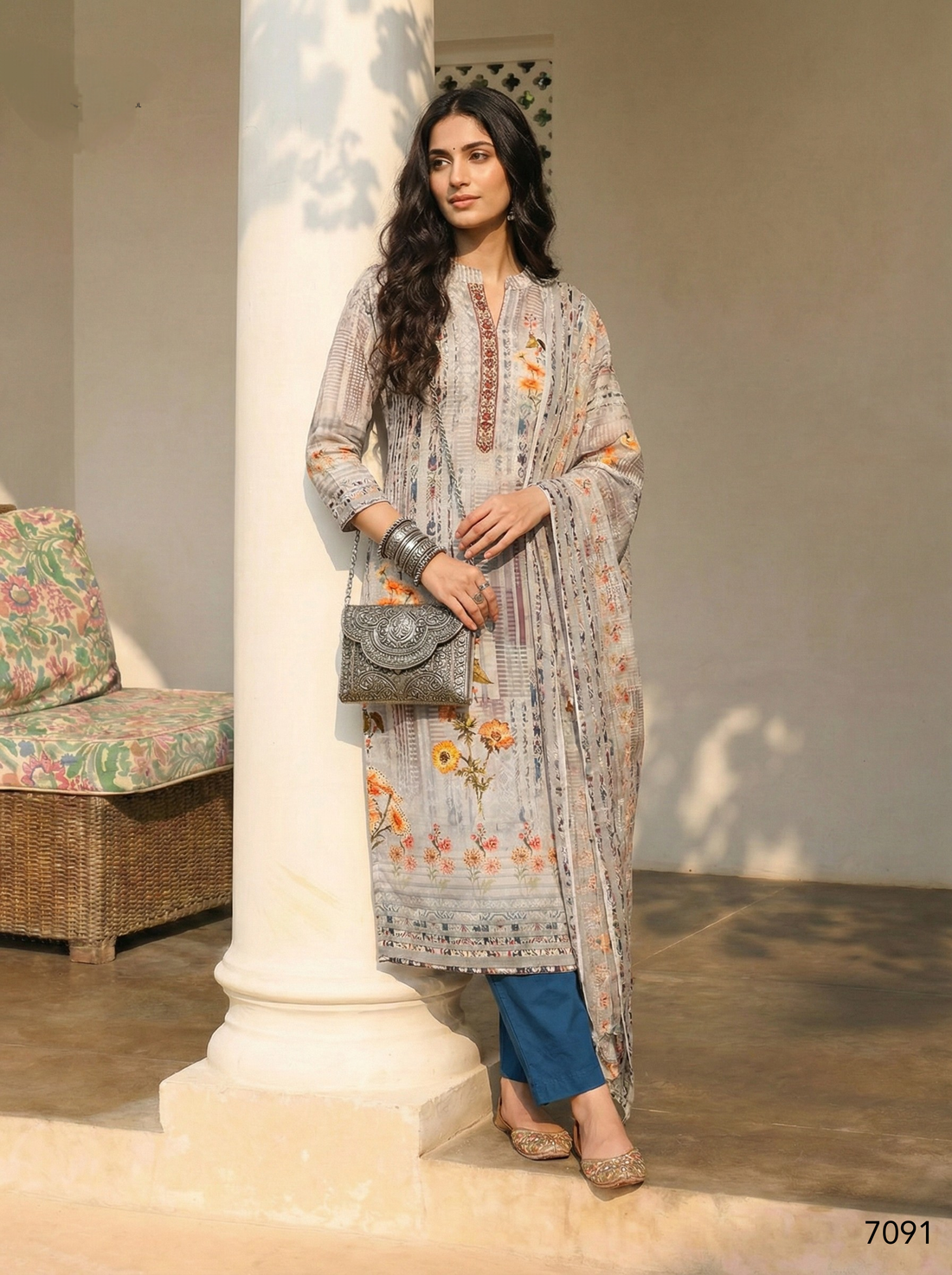 Grey Pure Soft Shimmer Cotton Printed Chudidar Suit 
