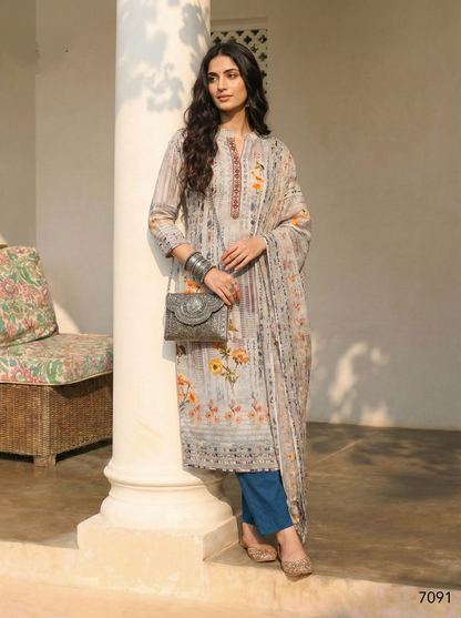 Grey Pure Soft Shimmer Cotton Printed Chudidar Suit 