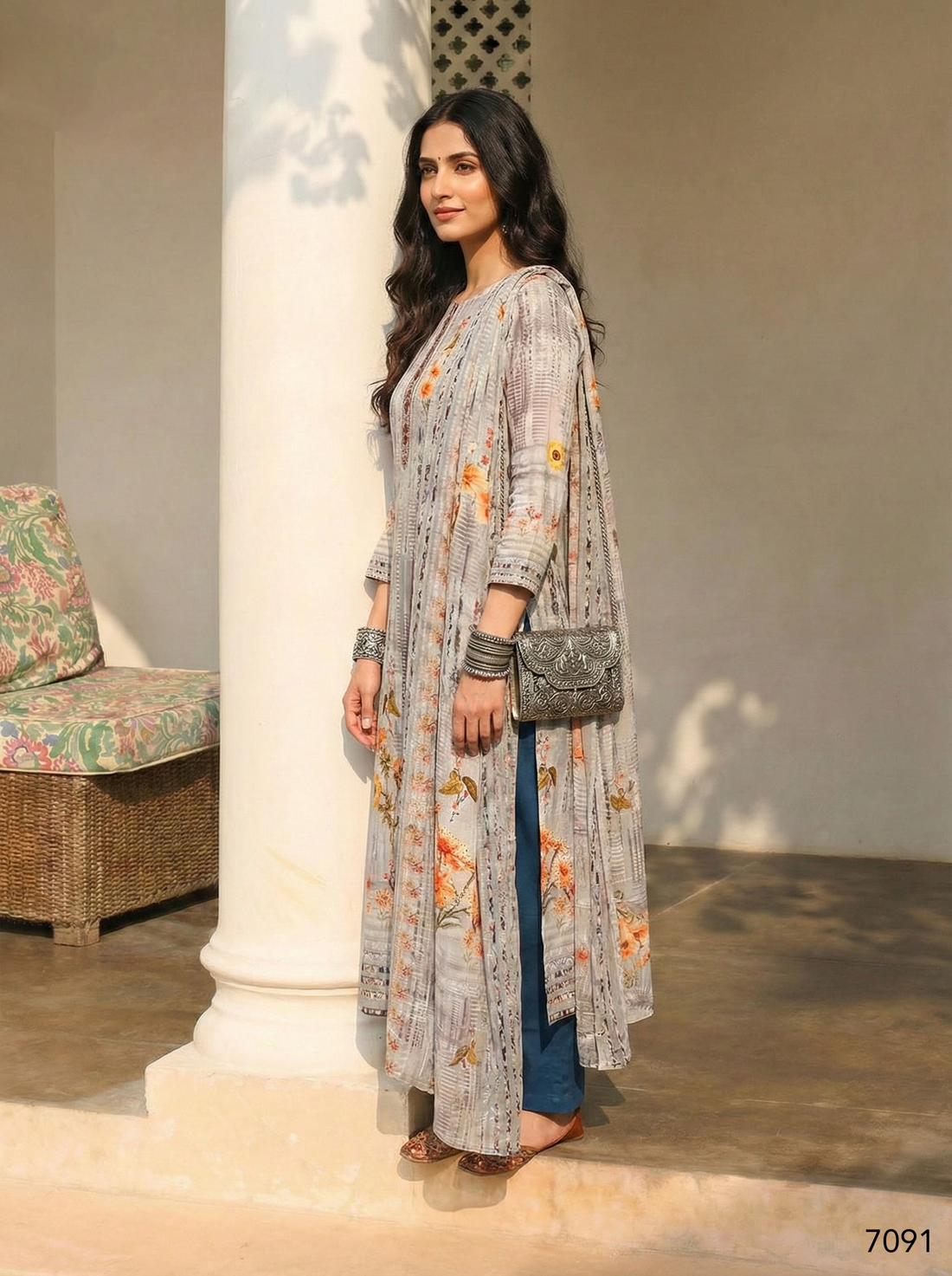 Grey Pure Soft Shimmer Cotton Printed Chudidar Suit 