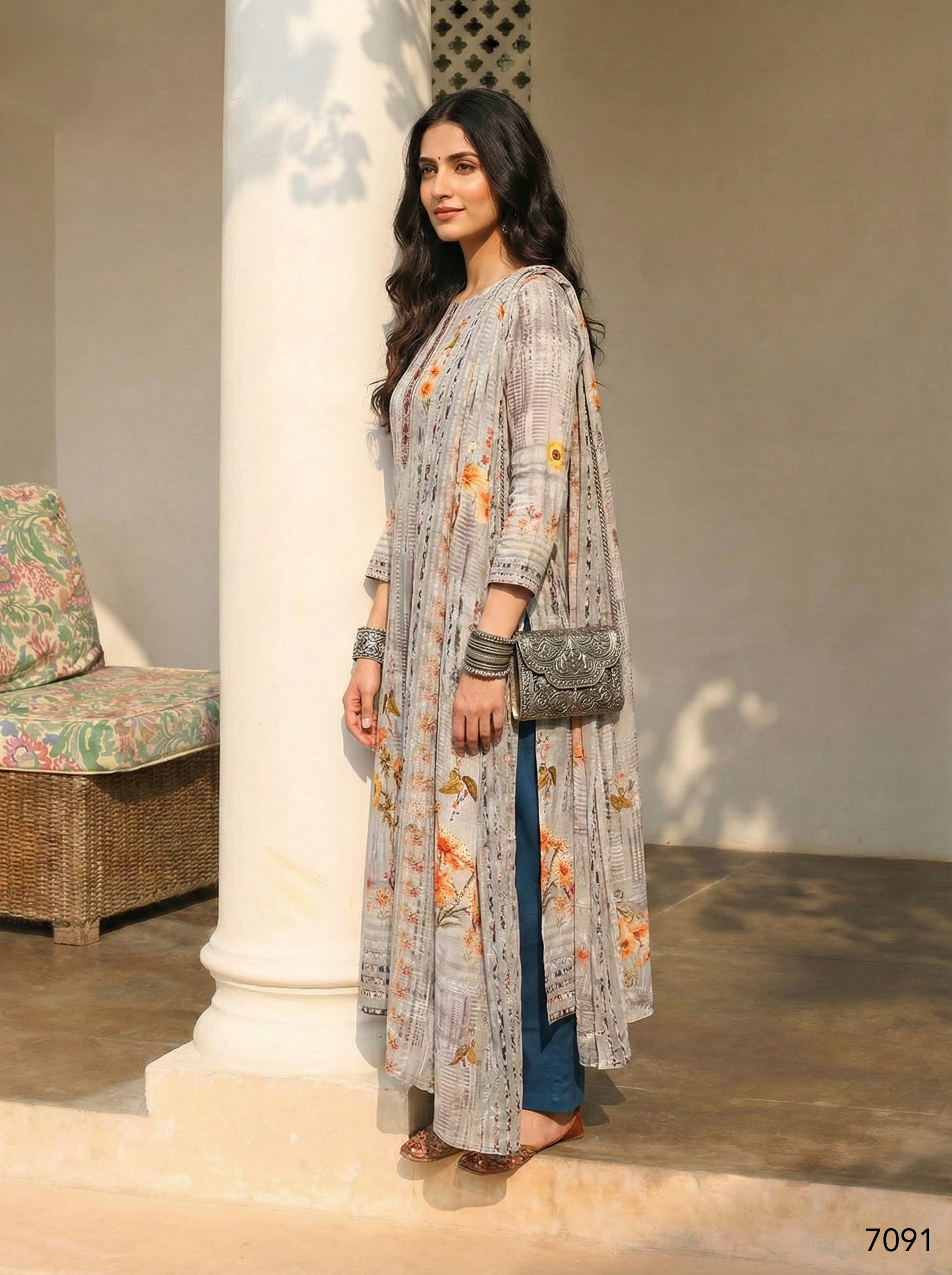 Grey Pure Soft Shimmer Cotton Printed Chudidar Suit