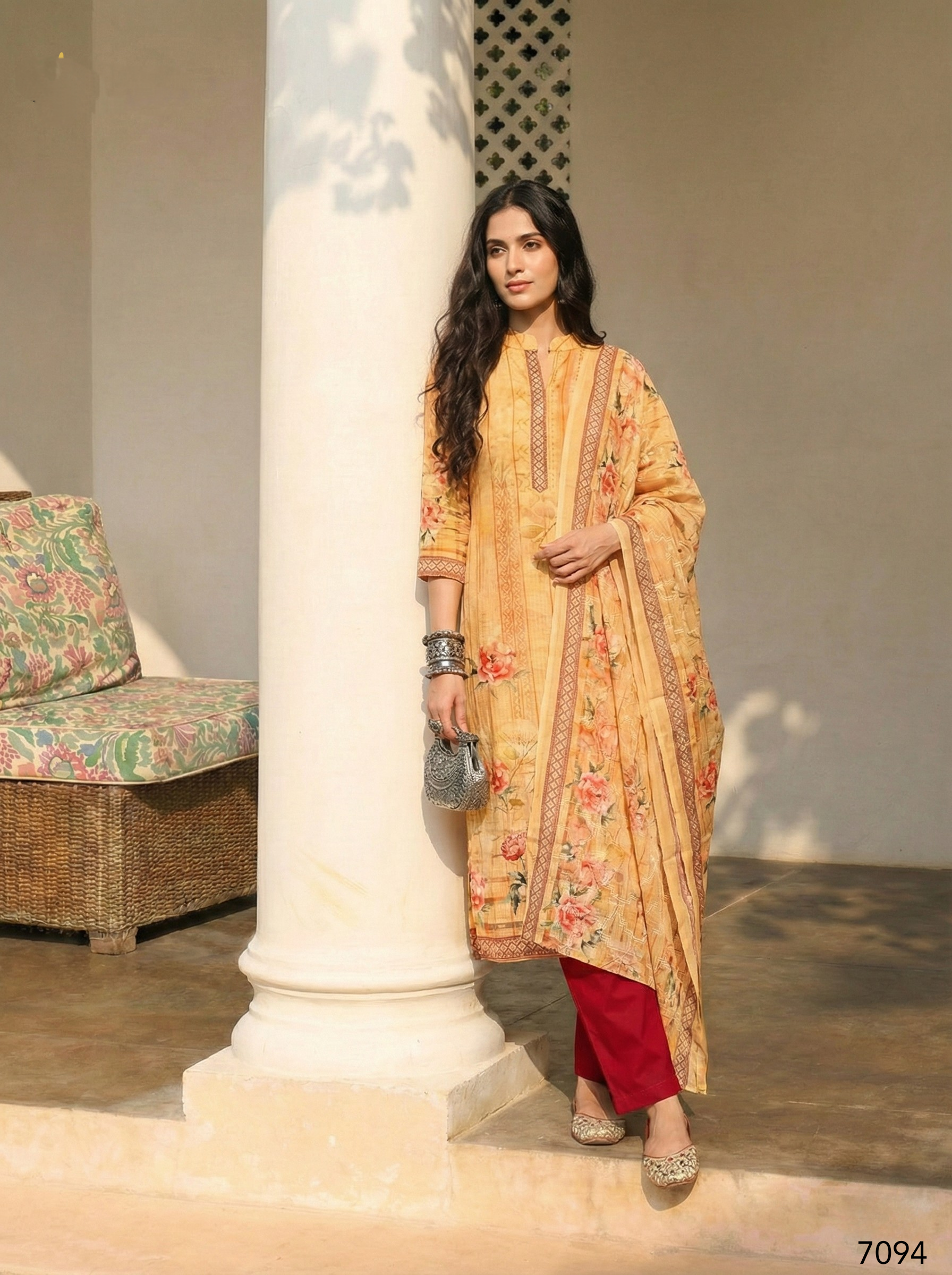Mustard Pure Soft Shimmer Cotton Printed Chudidar Suit