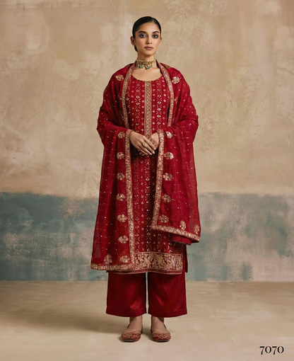Maroon Pure Soft Georgette Multi Thread Embroidery Work Chudidar Suit 