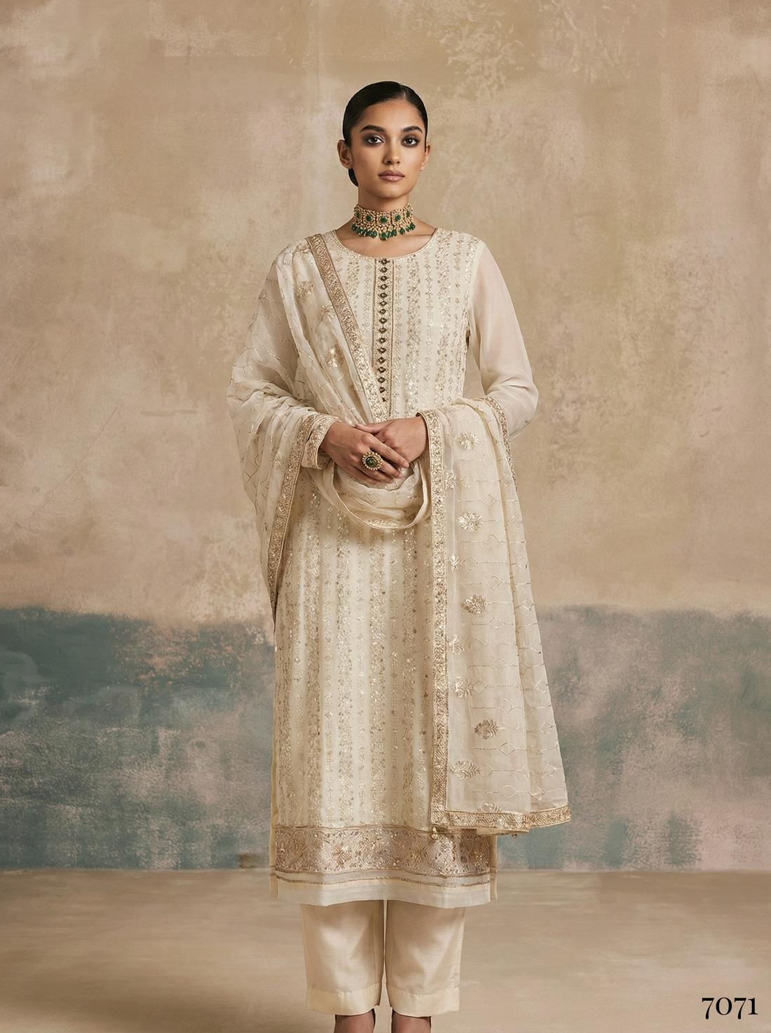 Off White Pure Soft Georgette Multi Thread Embroidery Work Chudidar Suit 