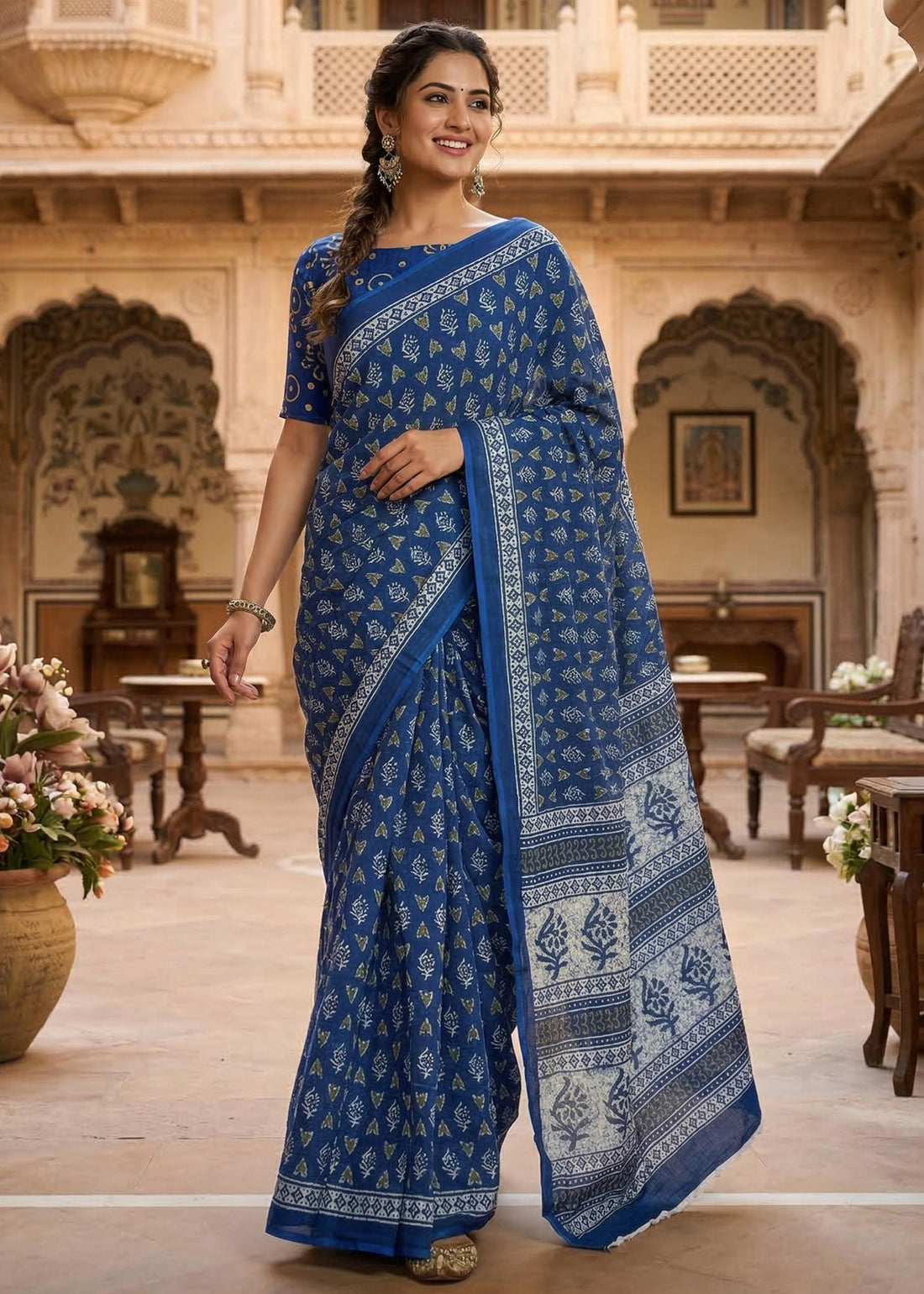 Blue Pure Soft Mulmul Cotton Bagru Block Print Cotton Saree 