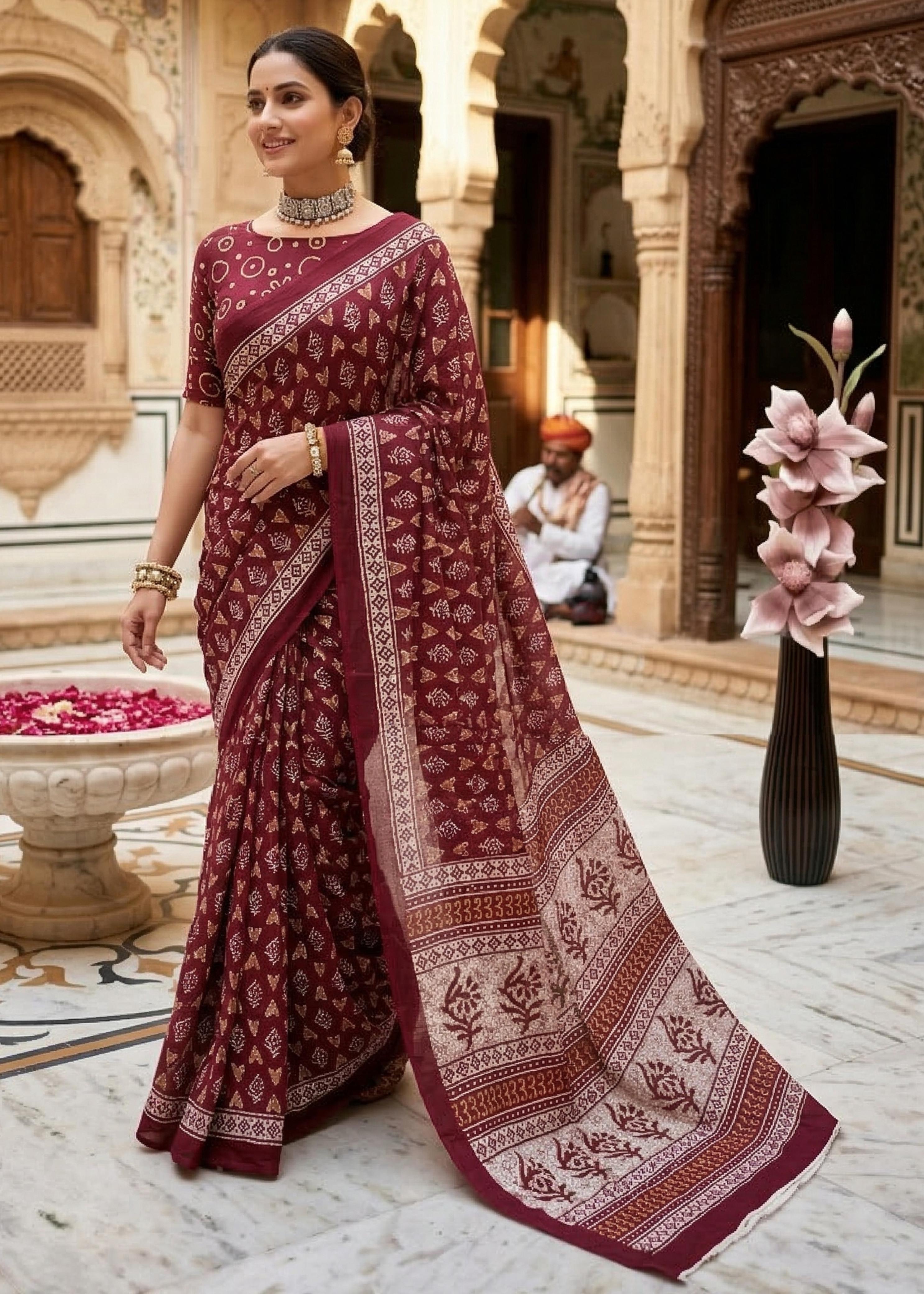 Red Pure Soft Mulmul Cotton Bagru Block Print Cotton Saree