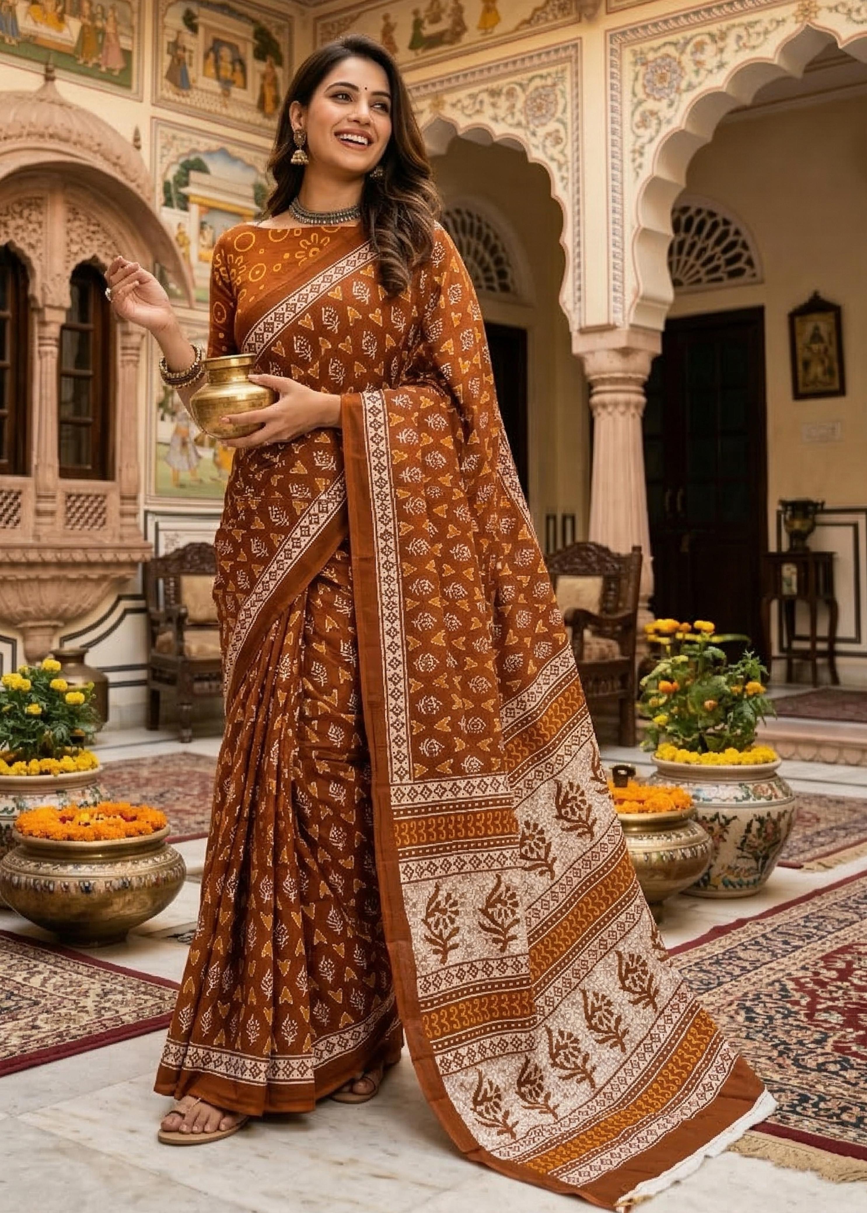 Orange Pure Soft Mulmul Cotton Bagru Block Print Cotton Saree