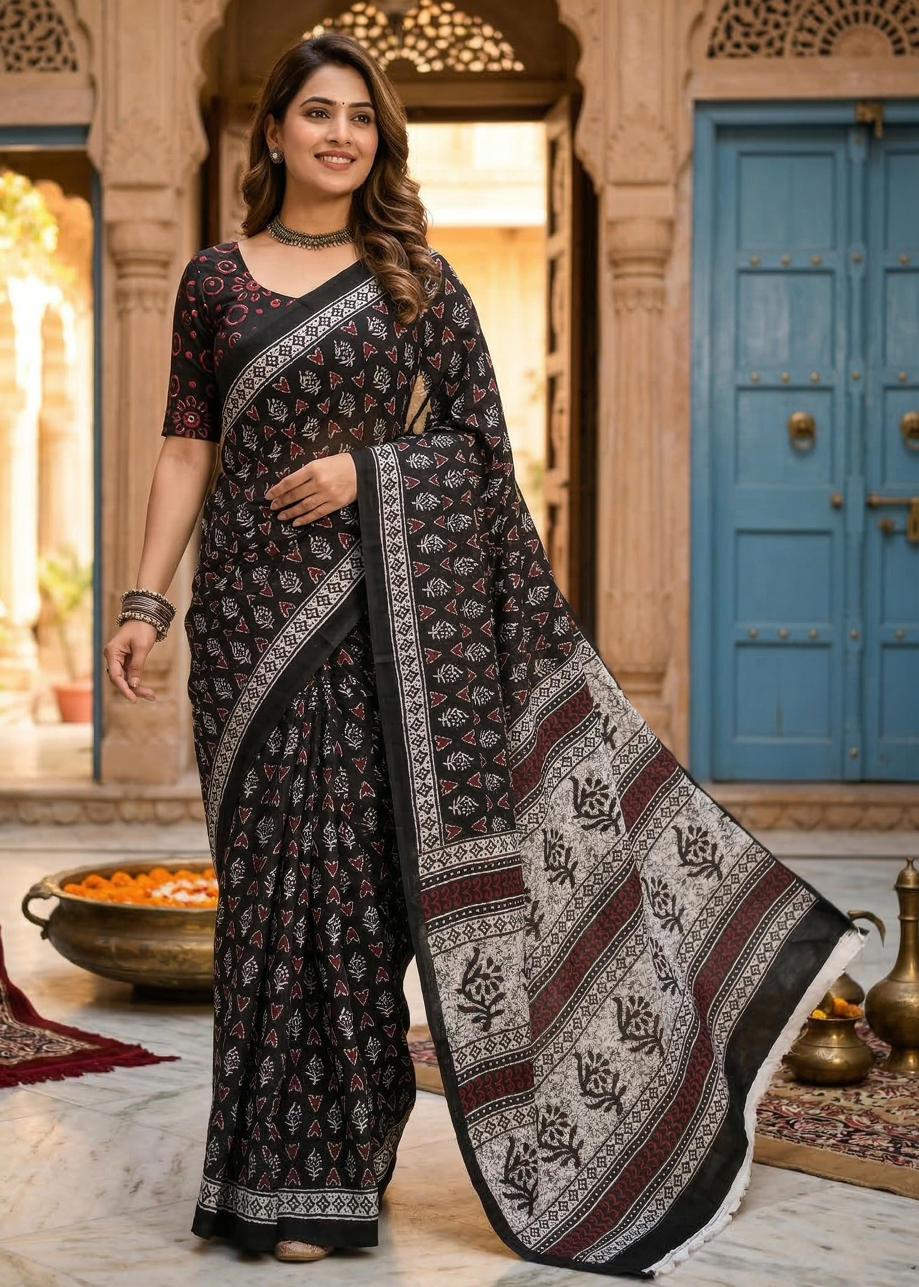 Black Pure Soft Mulmul Cotton Bagru Block Print Cotton Saree