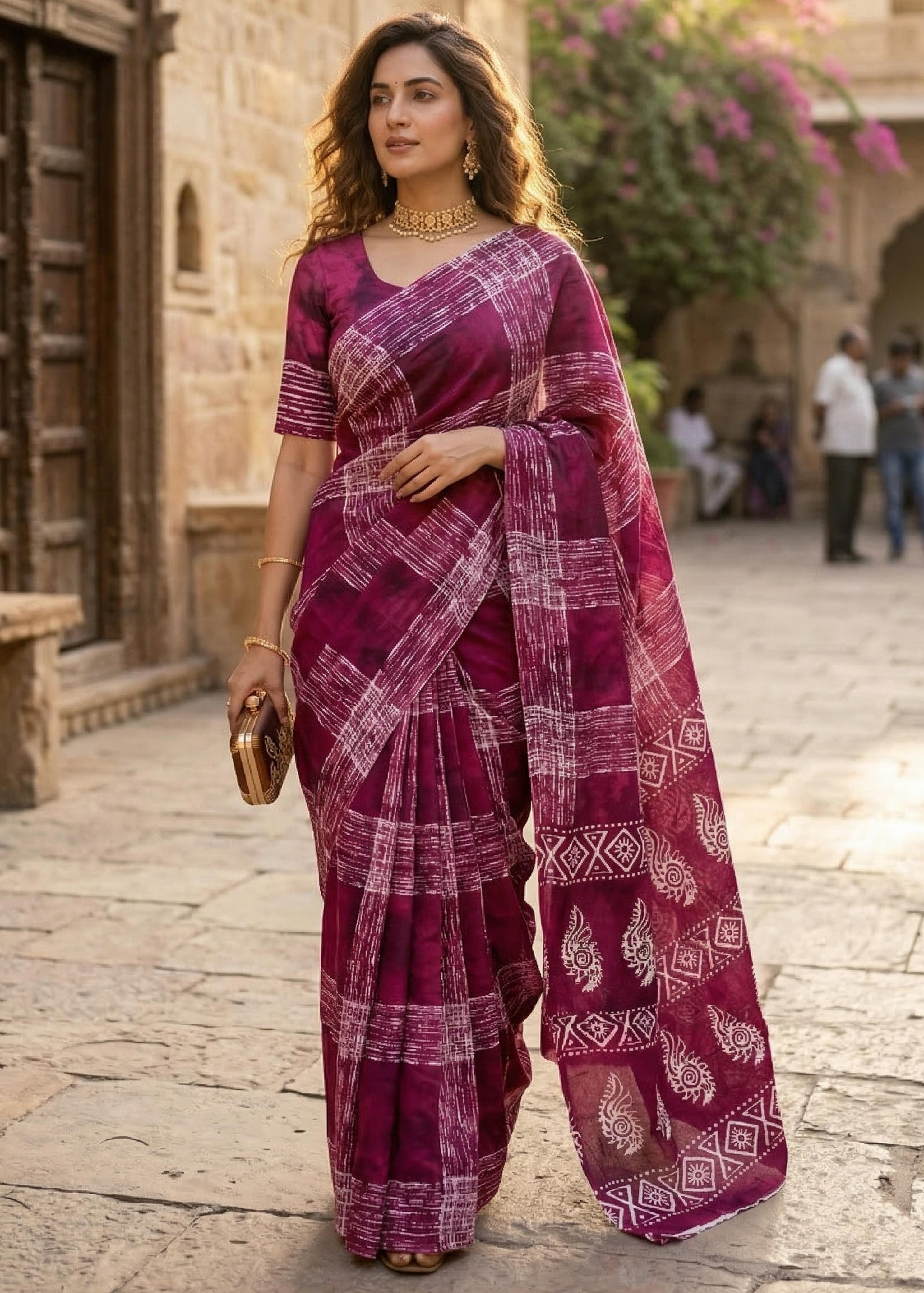 Red Pure Soft Mulmul Cotton Bagru Block Print Cotton Saree ##color## Cotton Saree with premium fabric and embroidery