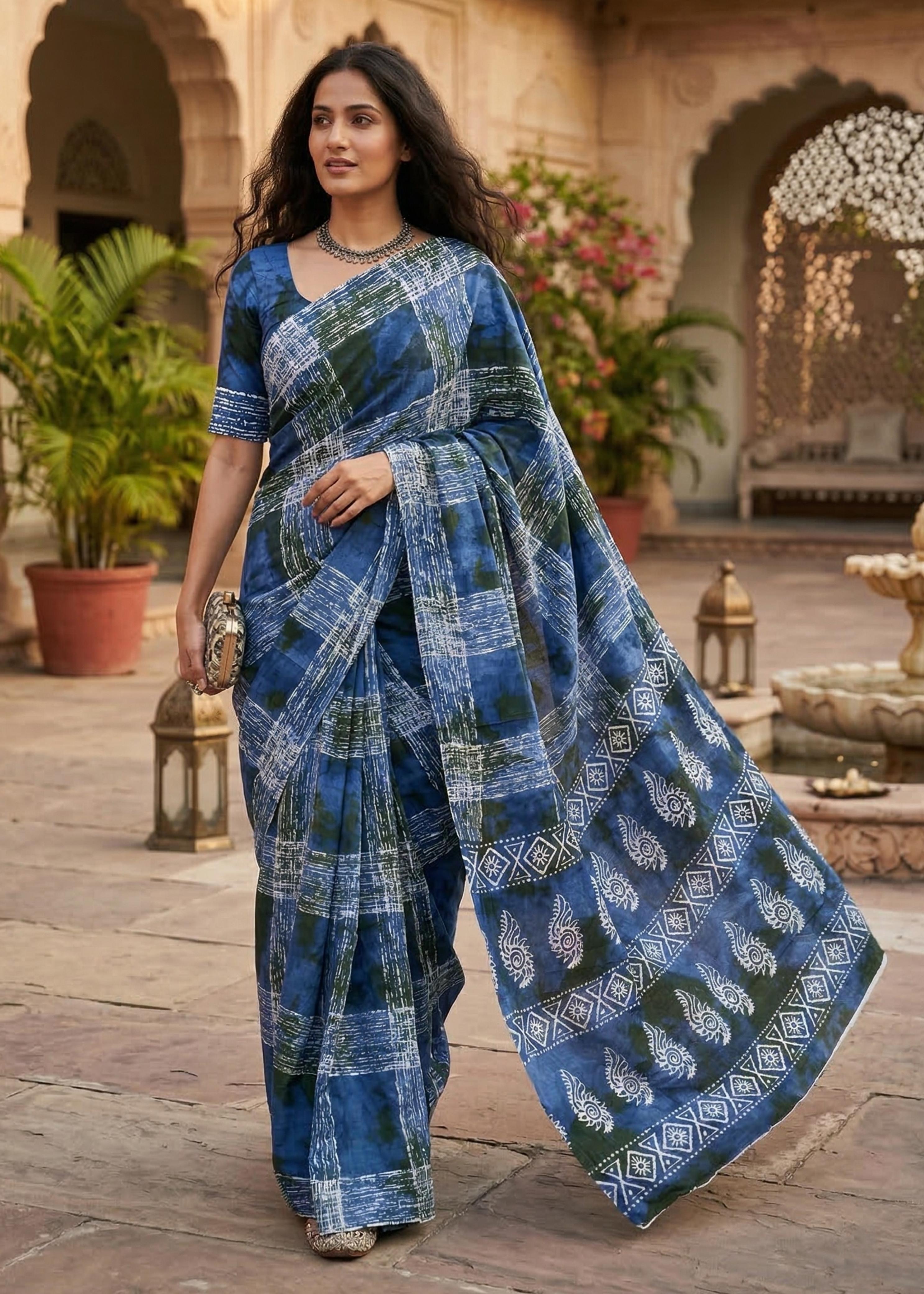 Blue Pure Soft Mulmul Cotton Bagru Block Print Cotton Saree