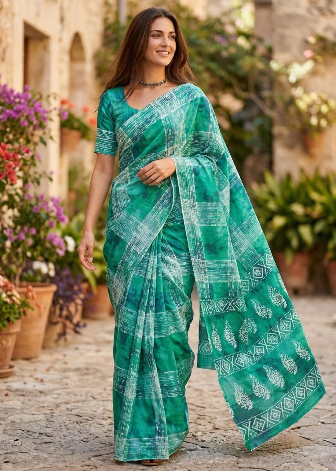 Green Pure Soft Mulmul Cotton Bagru Block Print Cotton Saree 