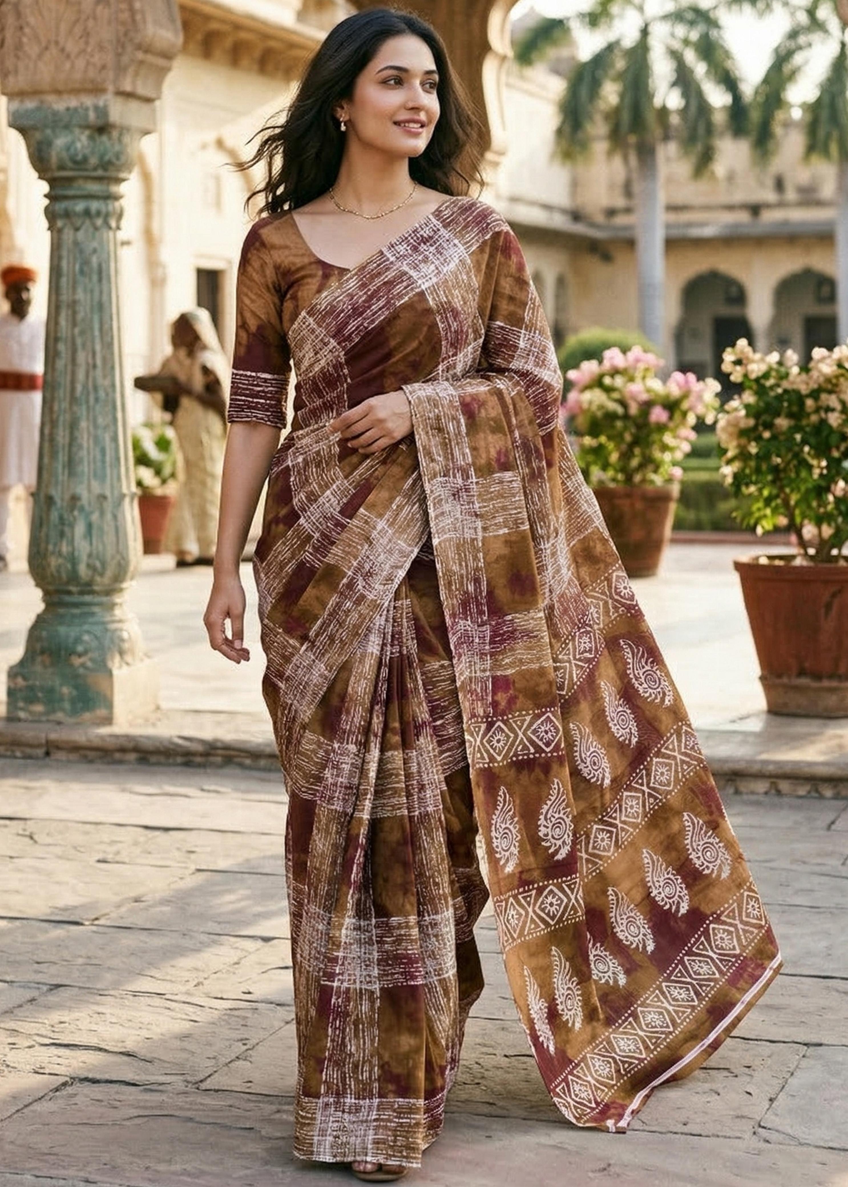 Brown Pure Soft Mulmul Cotton Bagru Block Print Cotton Saree