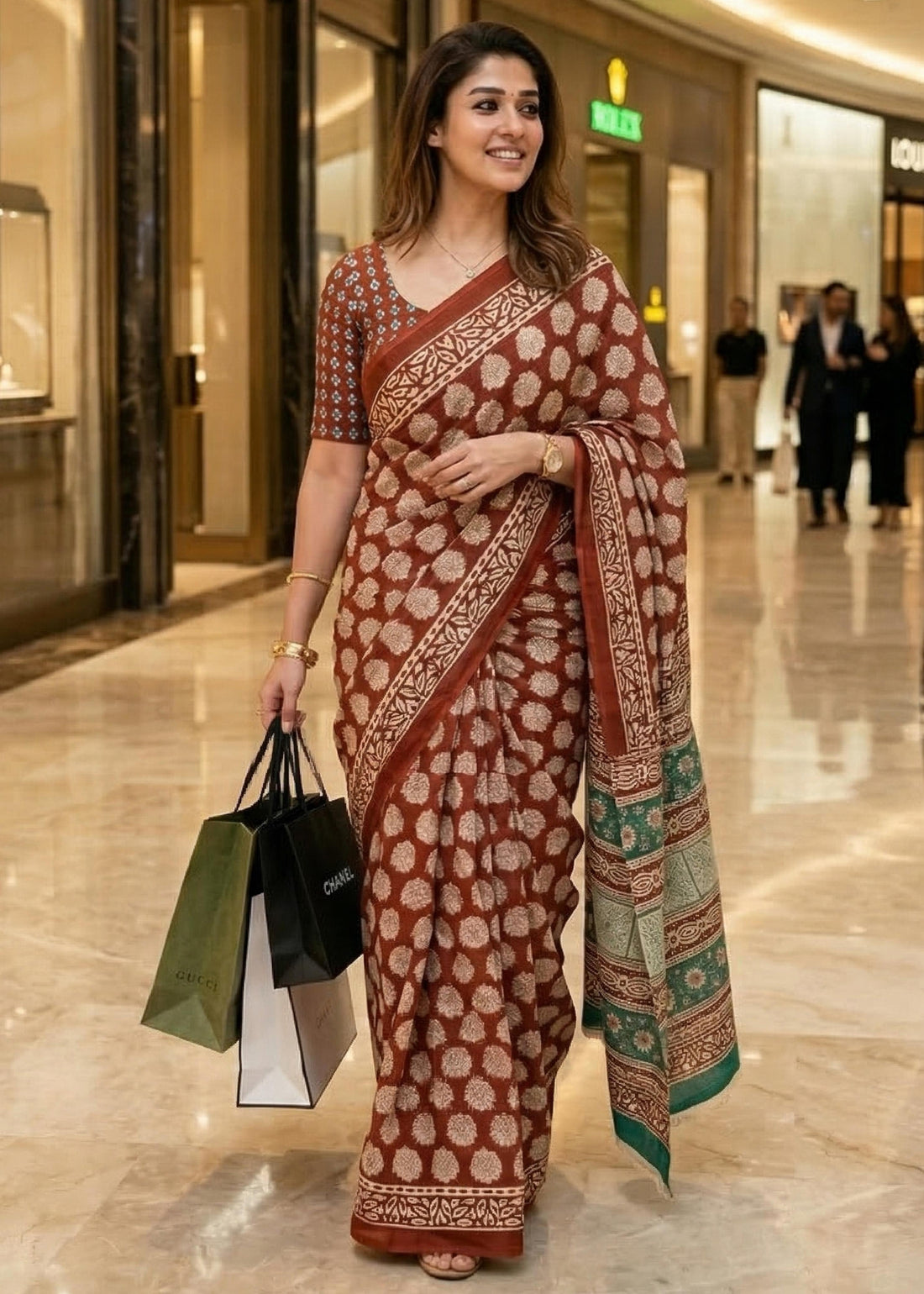 Brown Pure Soft Mulmul Cotton Bagru Block Print Cotton Saree 