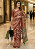 Brown Pure Soft Mulmul Cotton Bagru Block Print Cotton Saree 