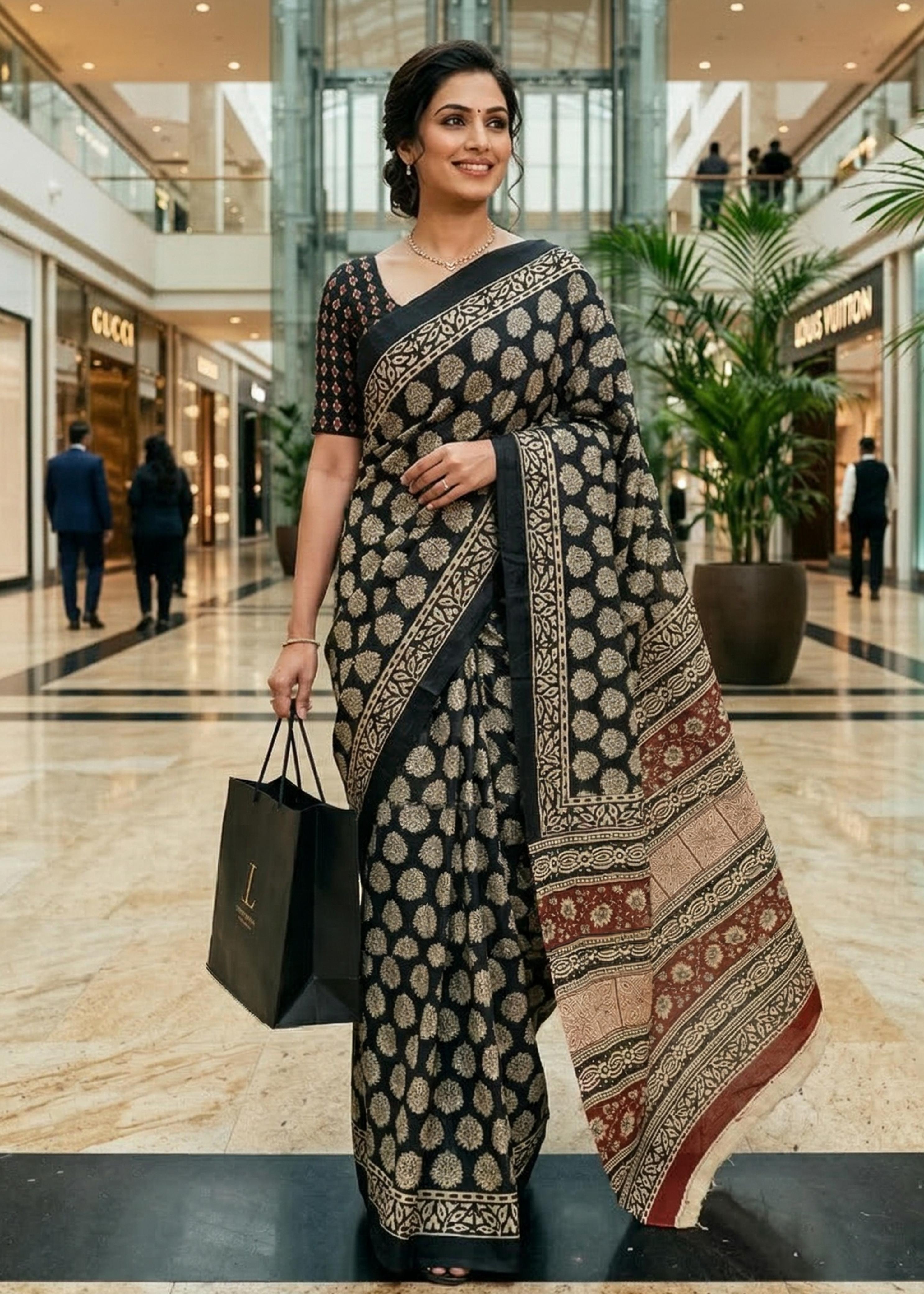 Black Pure Soft Mulmul Cotton Bagru Block Print Cotton Saree ##color## Cotton Saree with premium fabric and embroidery