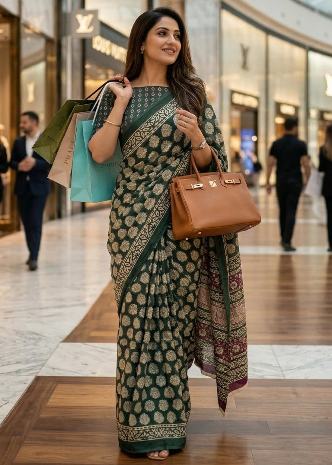 Green Pure Soft Mulmul Cotton Bagru Block Print Cotton Saree 