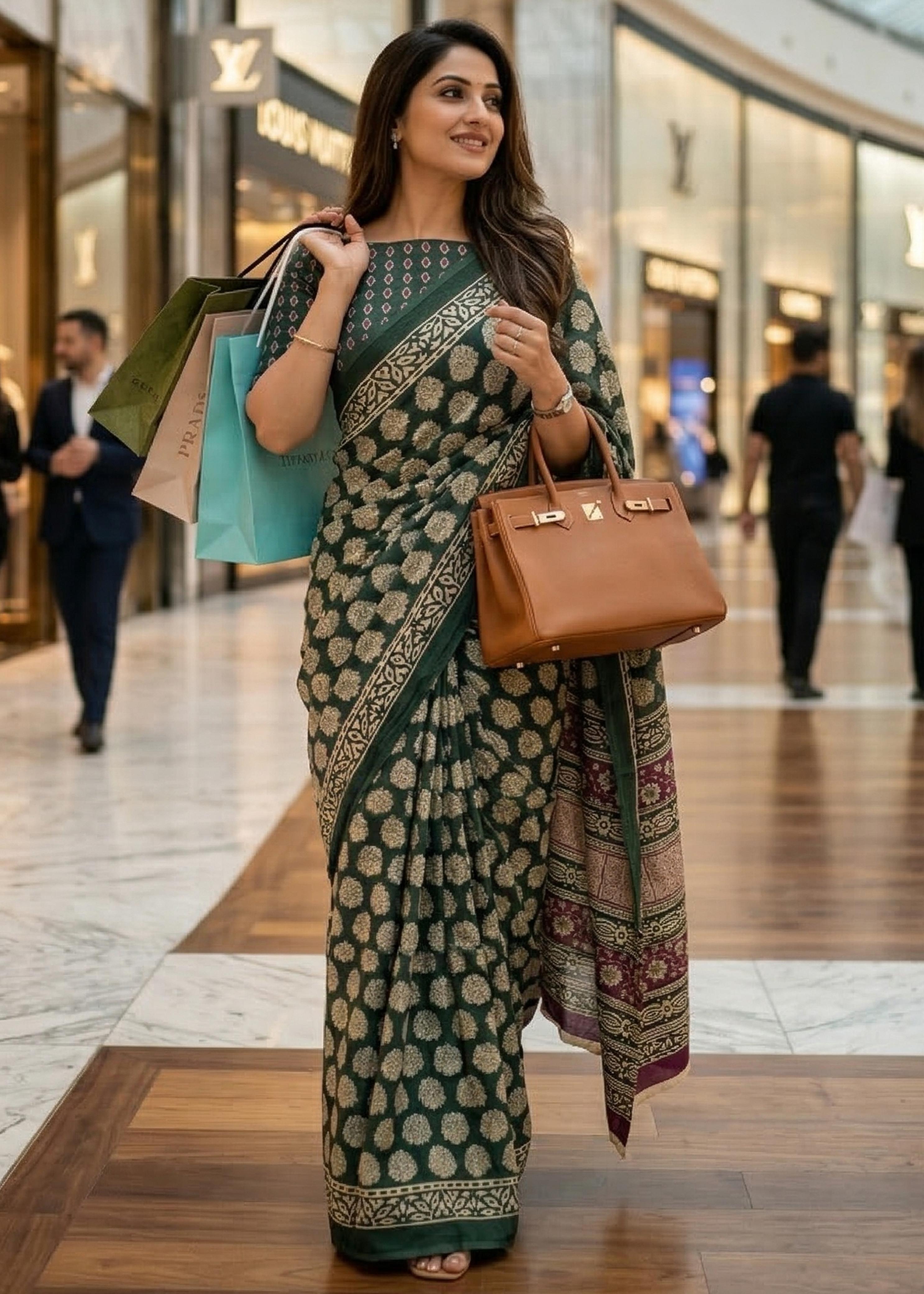 Green Pure Soft Mulmul Cotton Bagru Block Print Cotton Saree ##color## Cotton Saree with premium fabric and embroidery