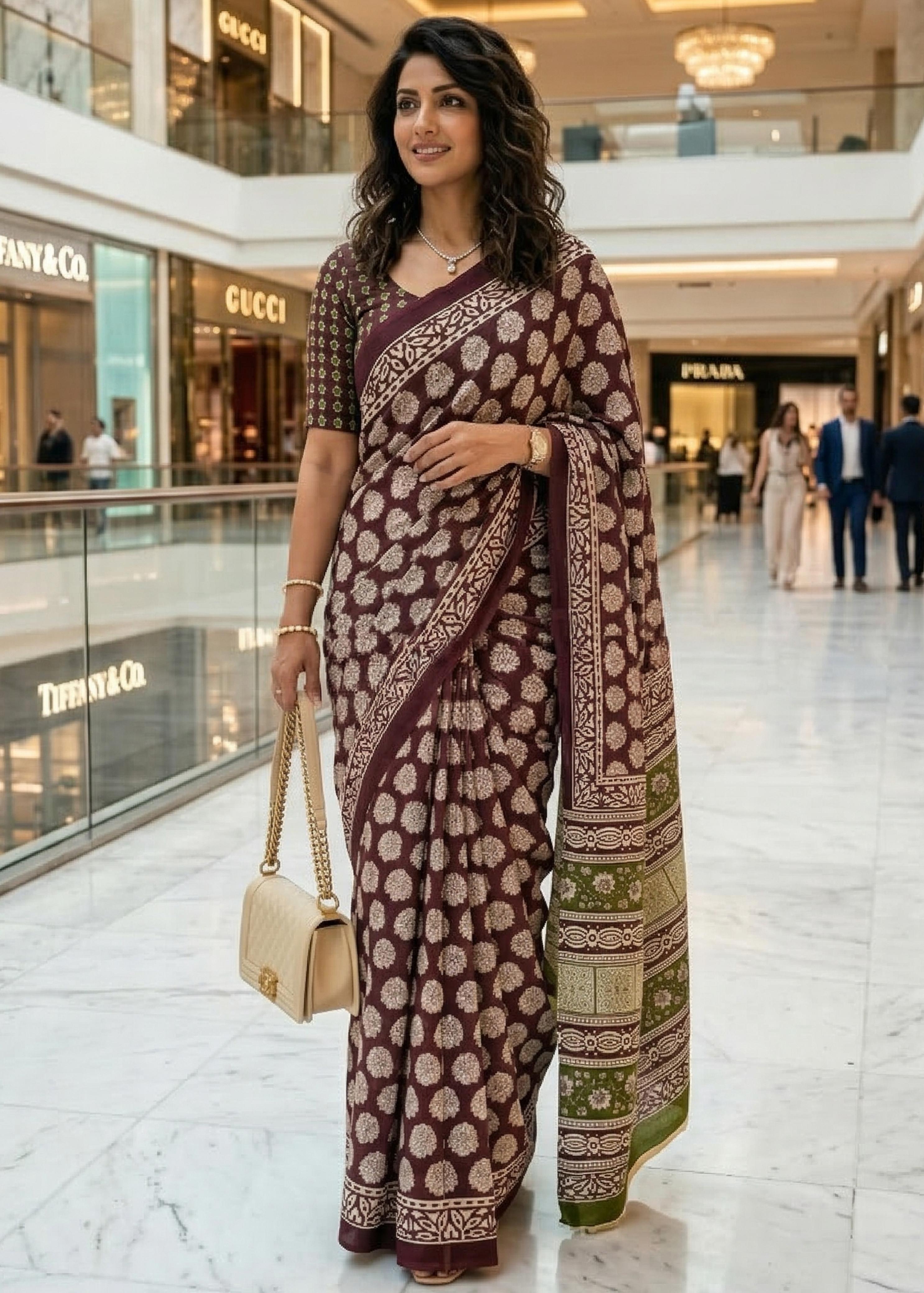 Maroon Pure Soft Mulmul Cotton Bagru Block Print Cotton Saree ##color## Cotton Saree with premium fabric and embroidery