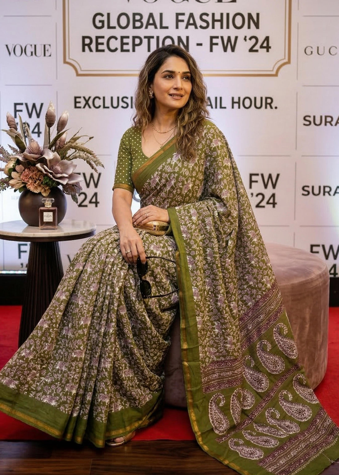 Green Pure Soft Mulmul Cotton Bagru Block Print Cotton Saree 