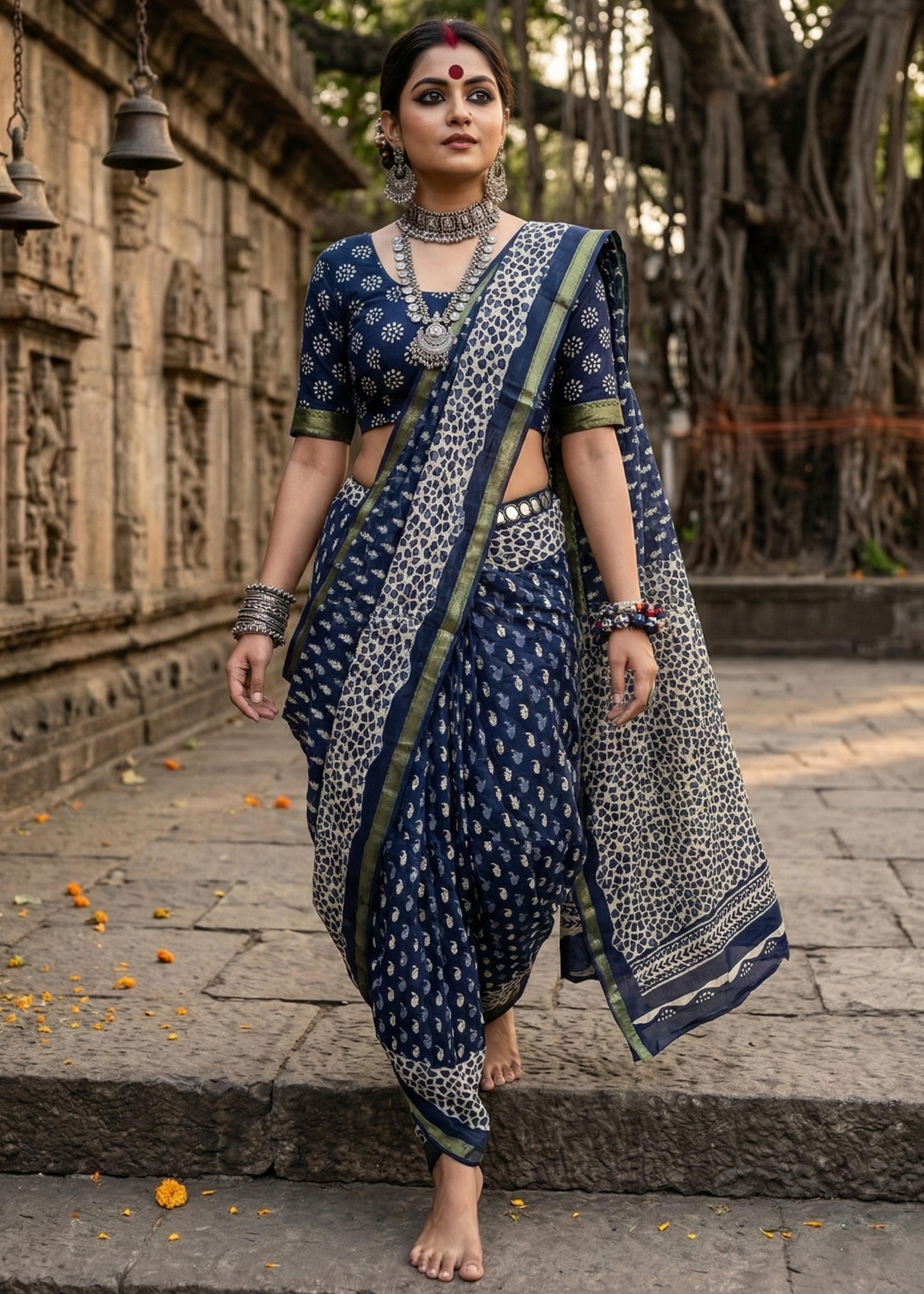 Green Pure Soft Maslin Cotton Bagru Block Print Cotton Saree ##color## Cotton Saree with premium fabric and embroidery