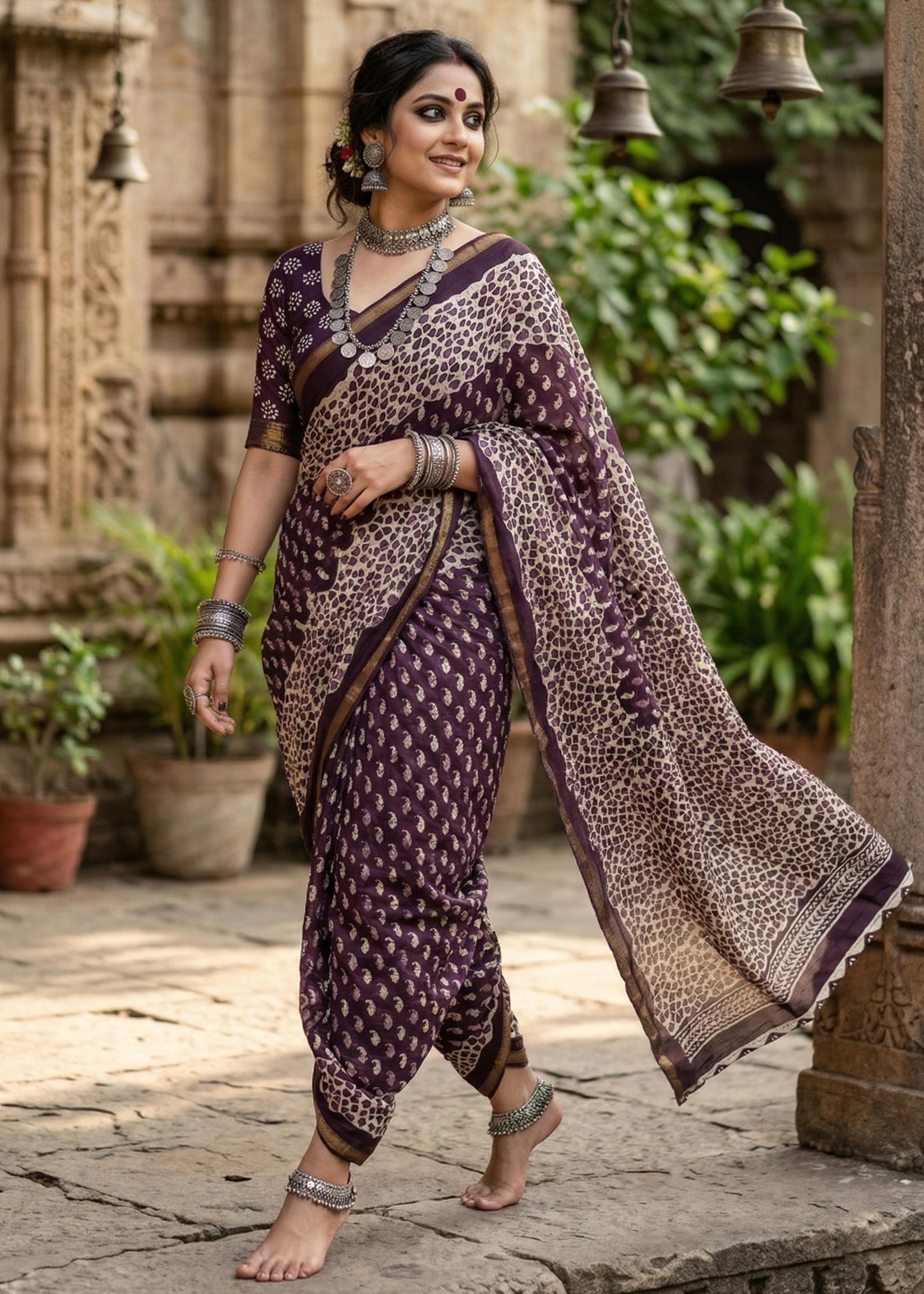 Maroon Pure Soft Maslin Cotton Bagru Block Print Cotton Saree ##color## Cotton Saree with premium fabric and embroidery