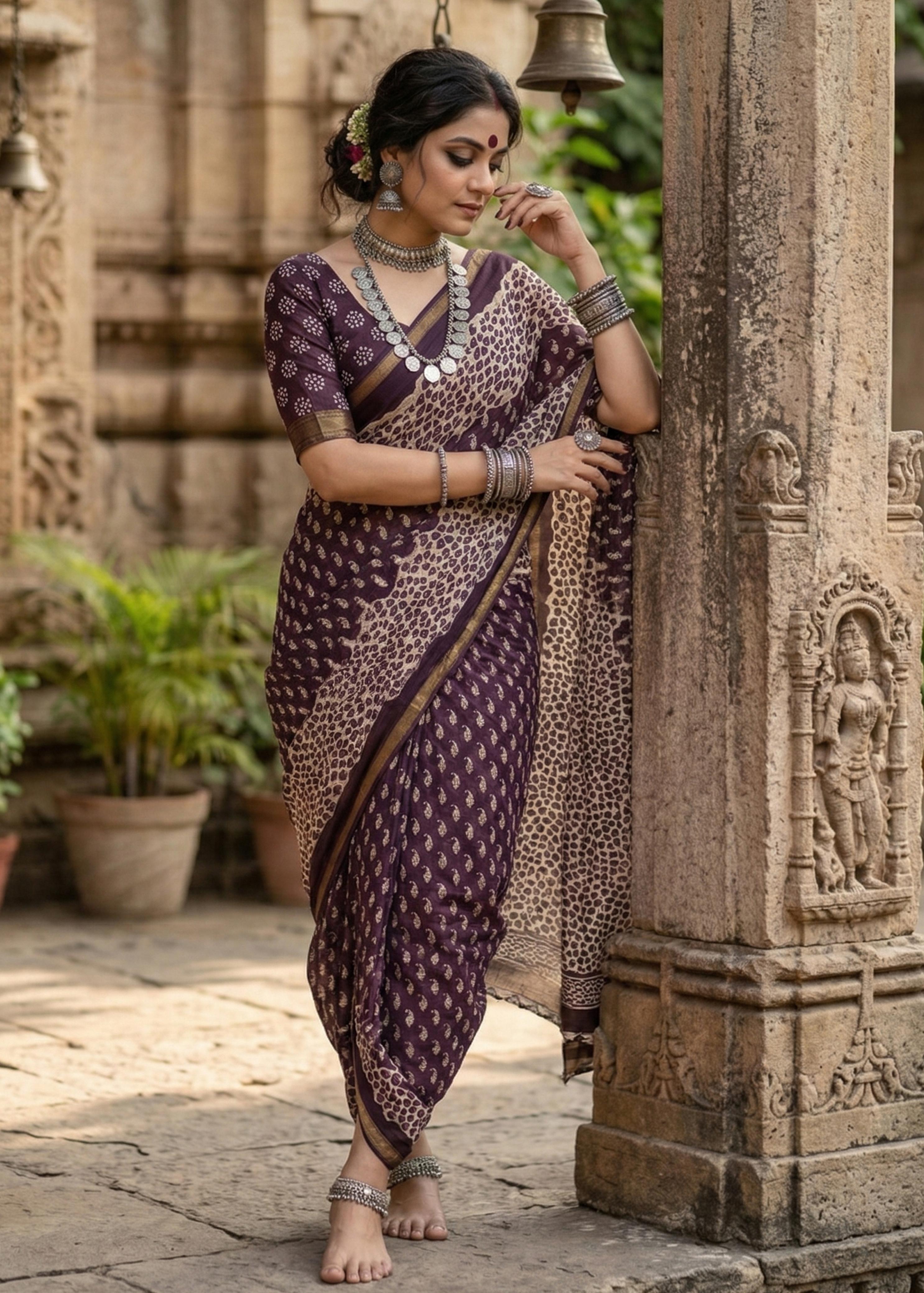 Maroon Pure Soft Maslin Cotton Bagru Block Print Cotton Saree ##color## Cotton Saree with premium fabric and embroidery