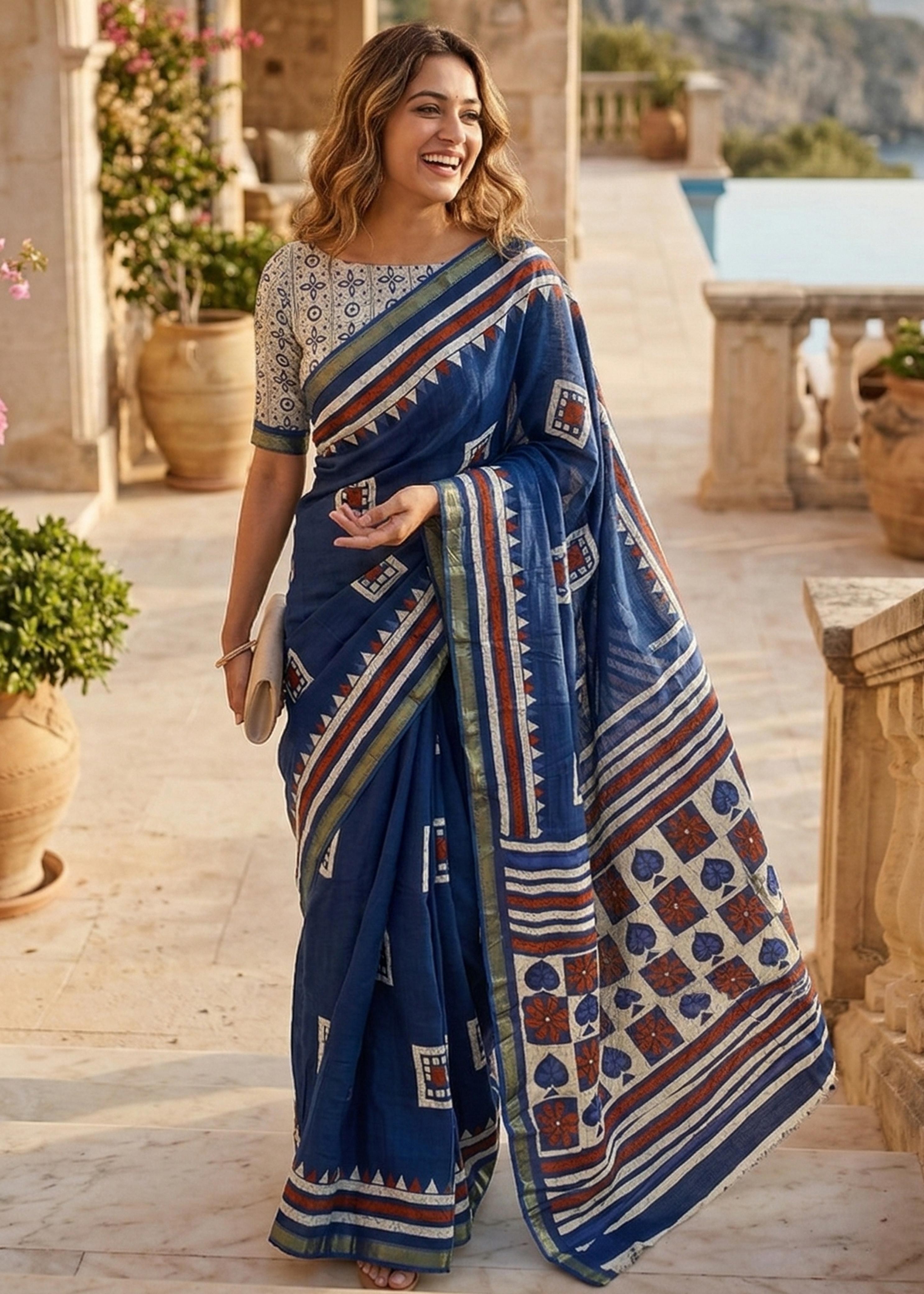 Blue Pure Soft Maslin Cotton Bagru Block Print Cotton Saree ##color## Cotton Saree with premium fabric and embroidery