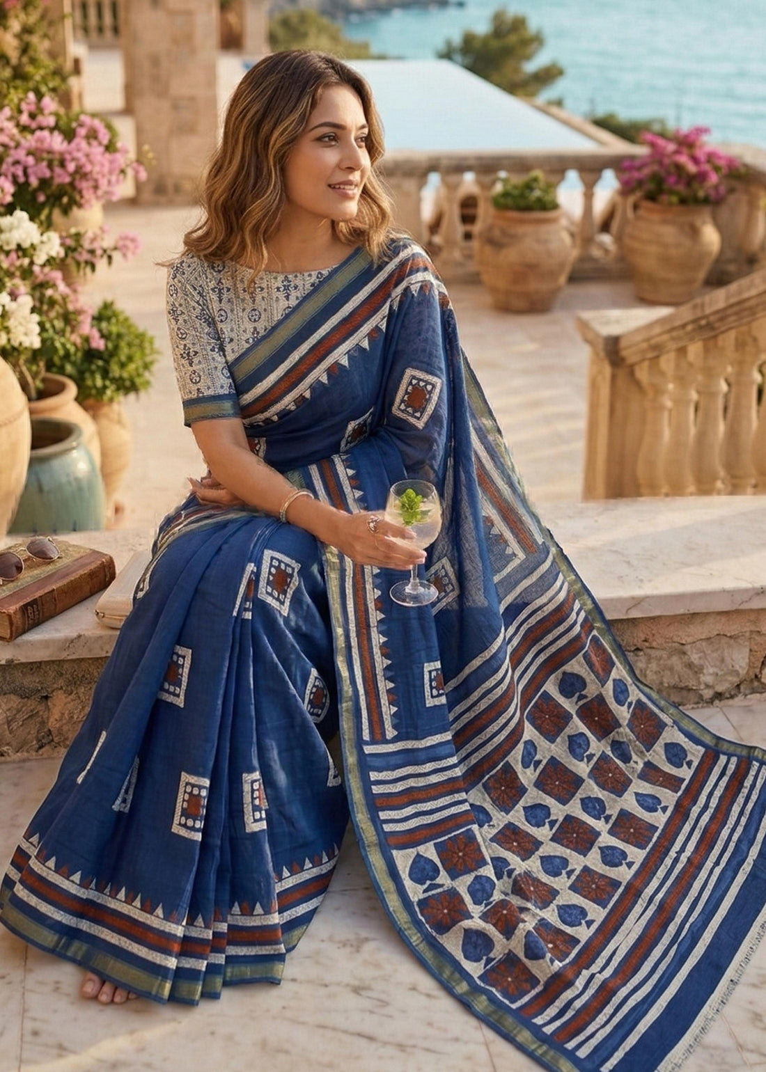 Blue Pure Soft Maslin Cotton Bagru Block Print Cotton Saree 