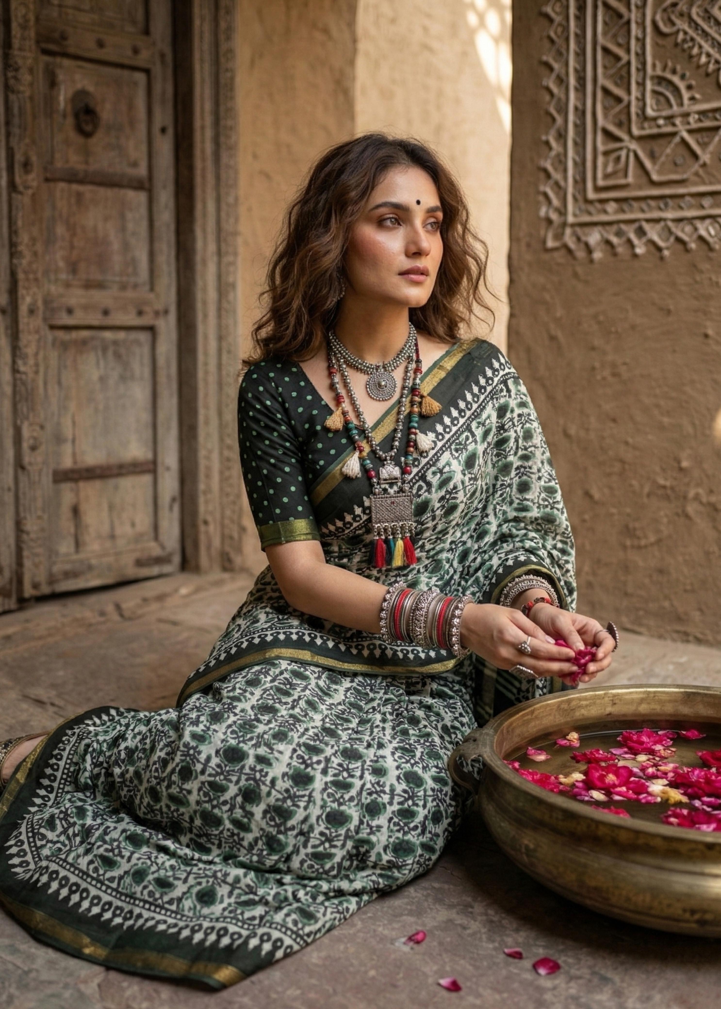 Green Pure Soft Maslin Cotton Bagru Block Print Cotton Saree ##color## Cotton Saree with premium fabric and embroidery