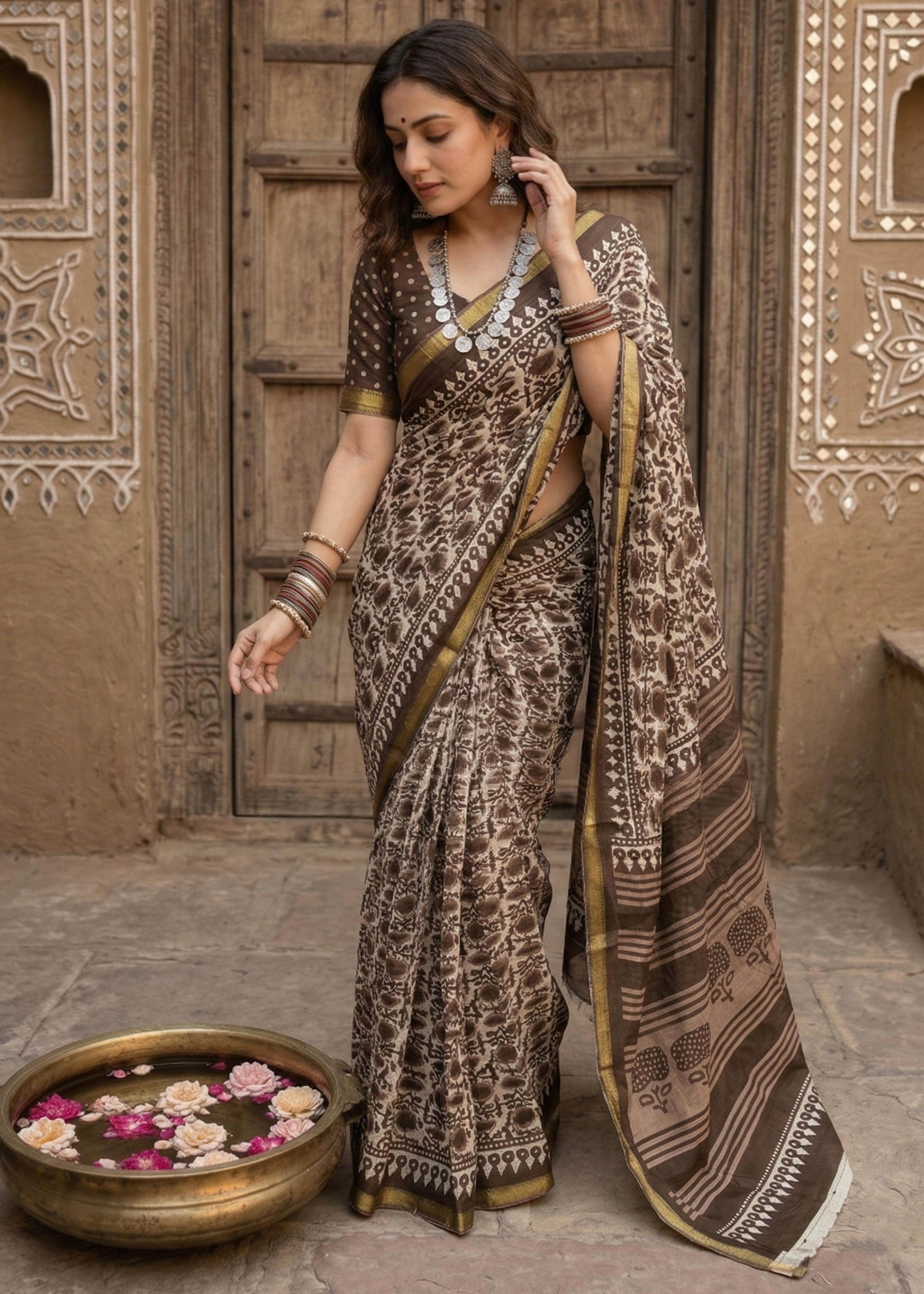 Brown Pure Soft Maslin Cotton Bagru Block Print Cotton Saree ##color## Cotton Saree with premium fabric and embroidery