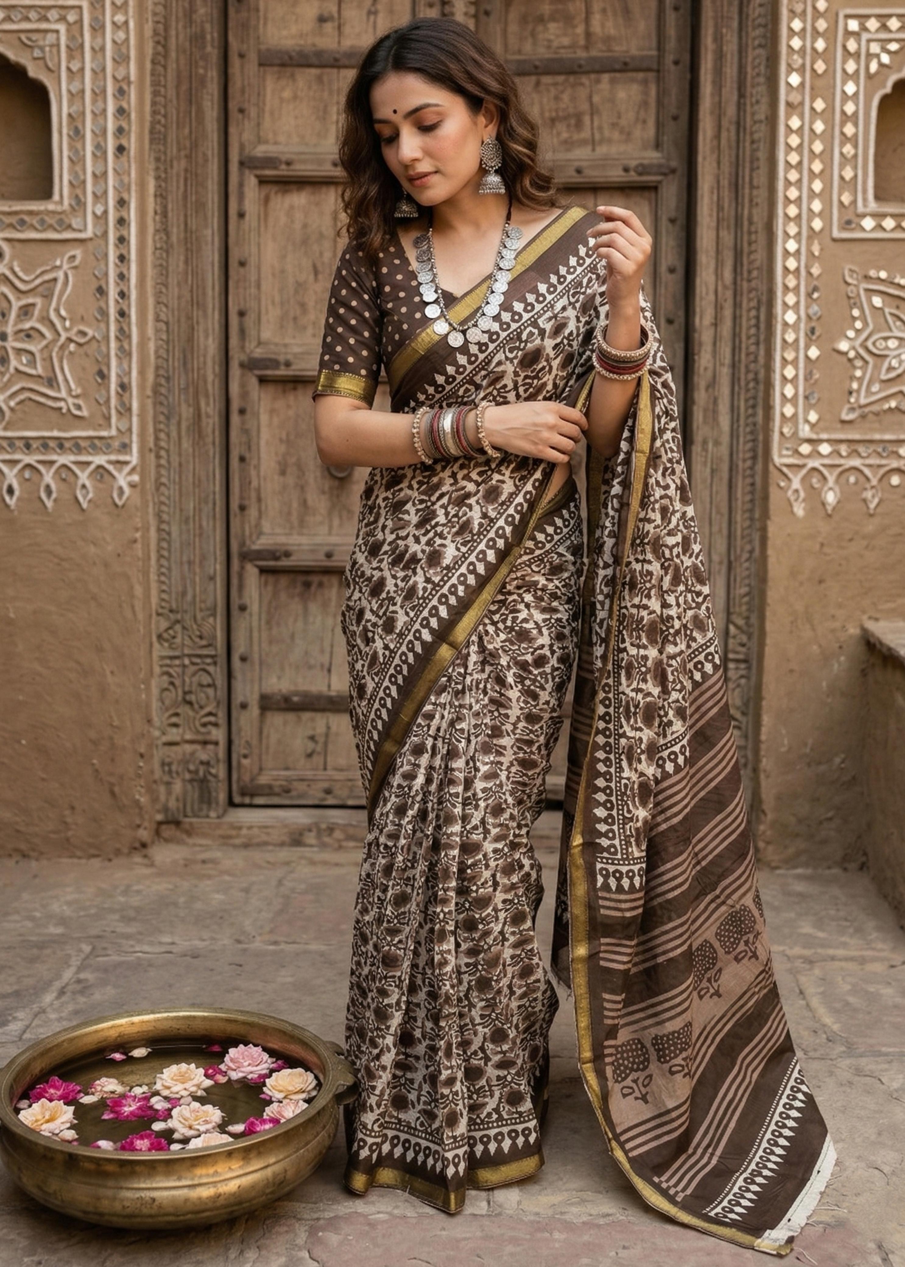 Brown Pure Soft Maslin Cotton Bagru Block Print Cotton Saree ##color## Cotton Saree with premium fabric and embroidery