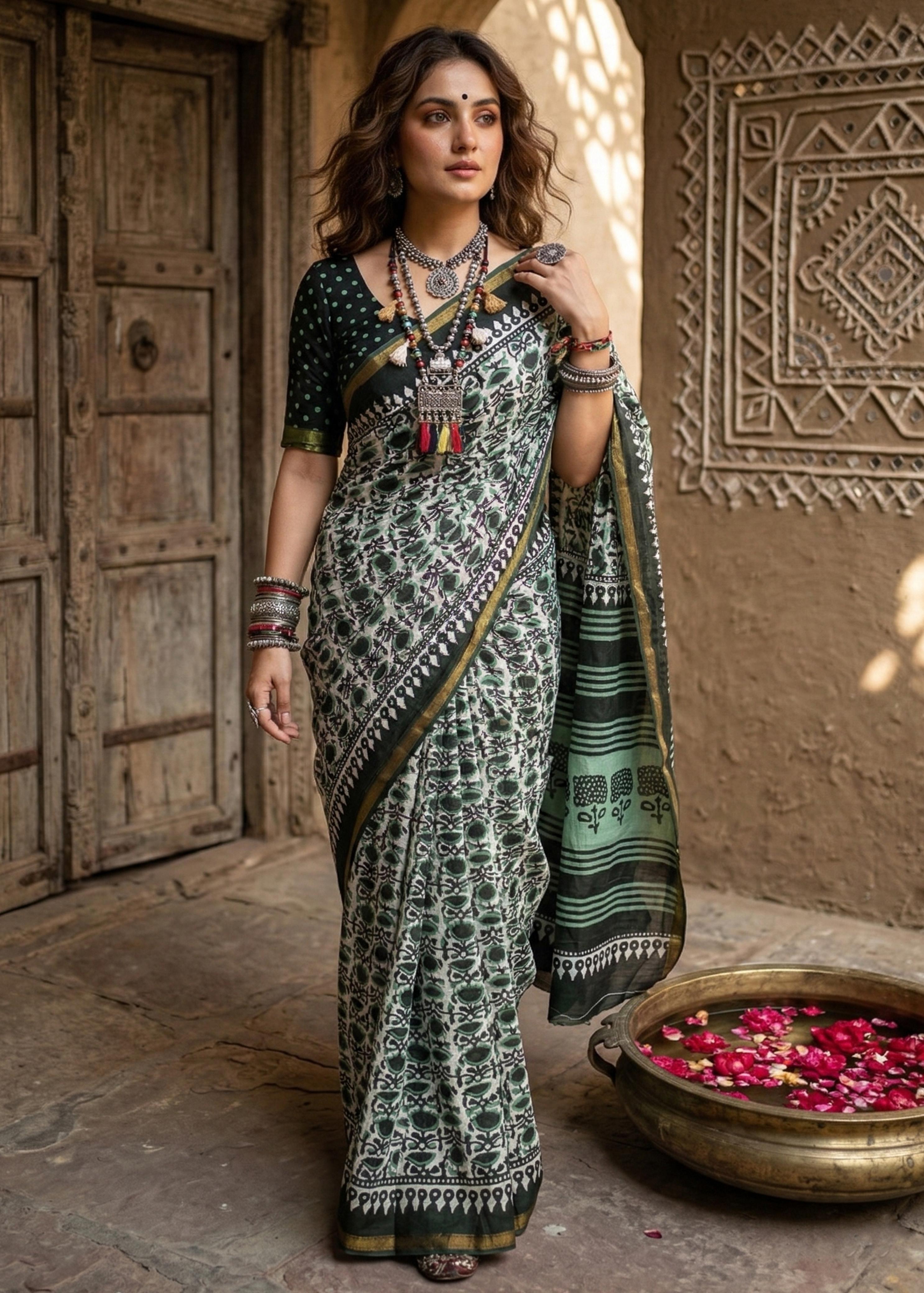 Green Pure Soft Maslin Cotton Bagru Block Print Cotton Saree ##color## Cotton Saree with premium fabric and embroidery