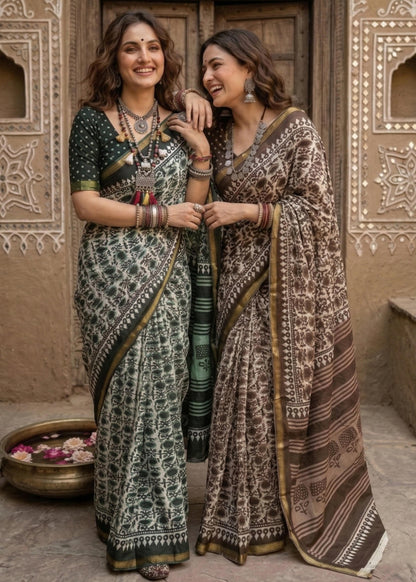 Brown Pure Soft Maslin Cotton Bagru Block Print Cotton Saree 