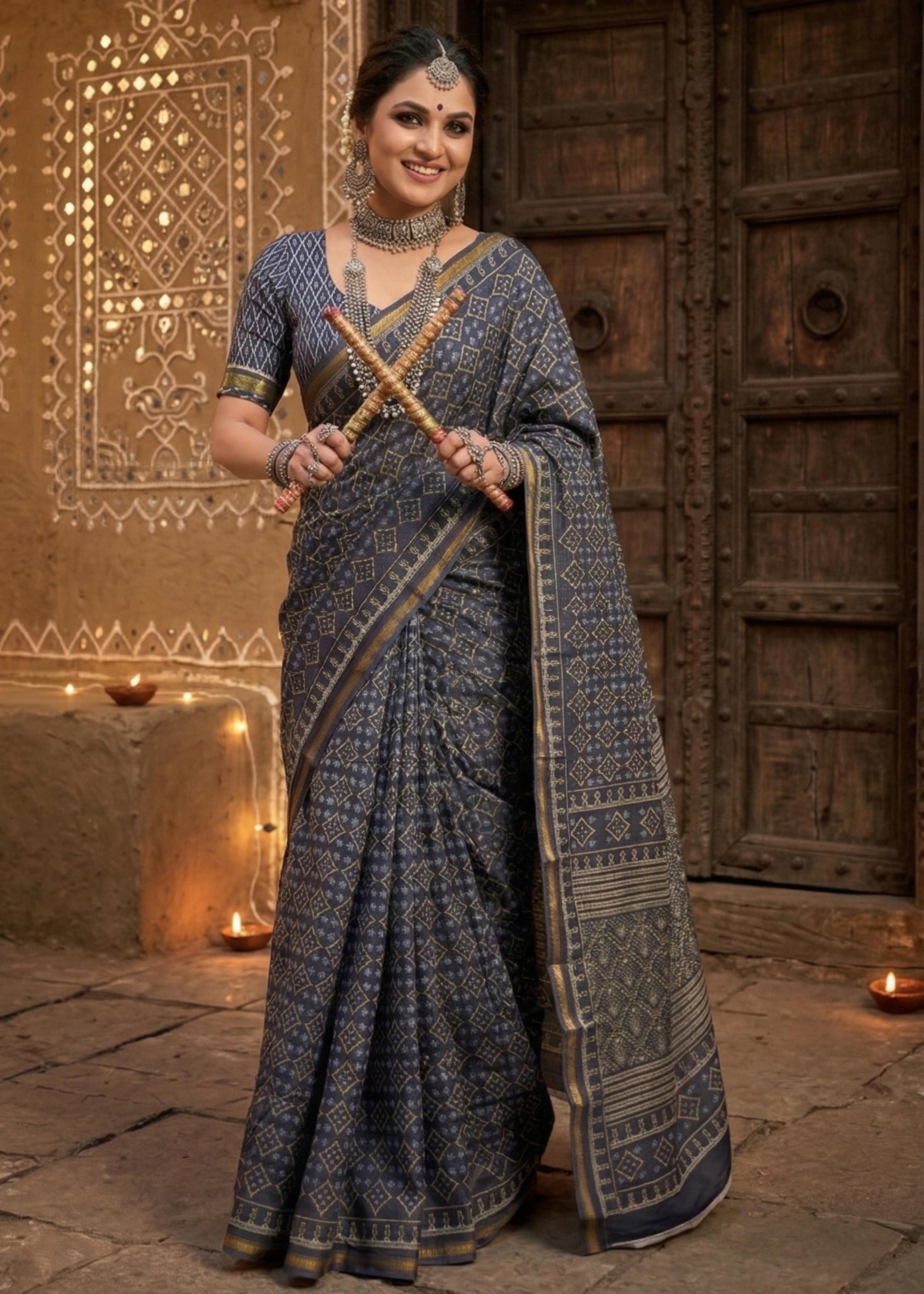 Blue Pure Soft Maslin Cotton Bagru Block Print Cotton Saree ##color## Cotton Saree with premium fabric and embroidery