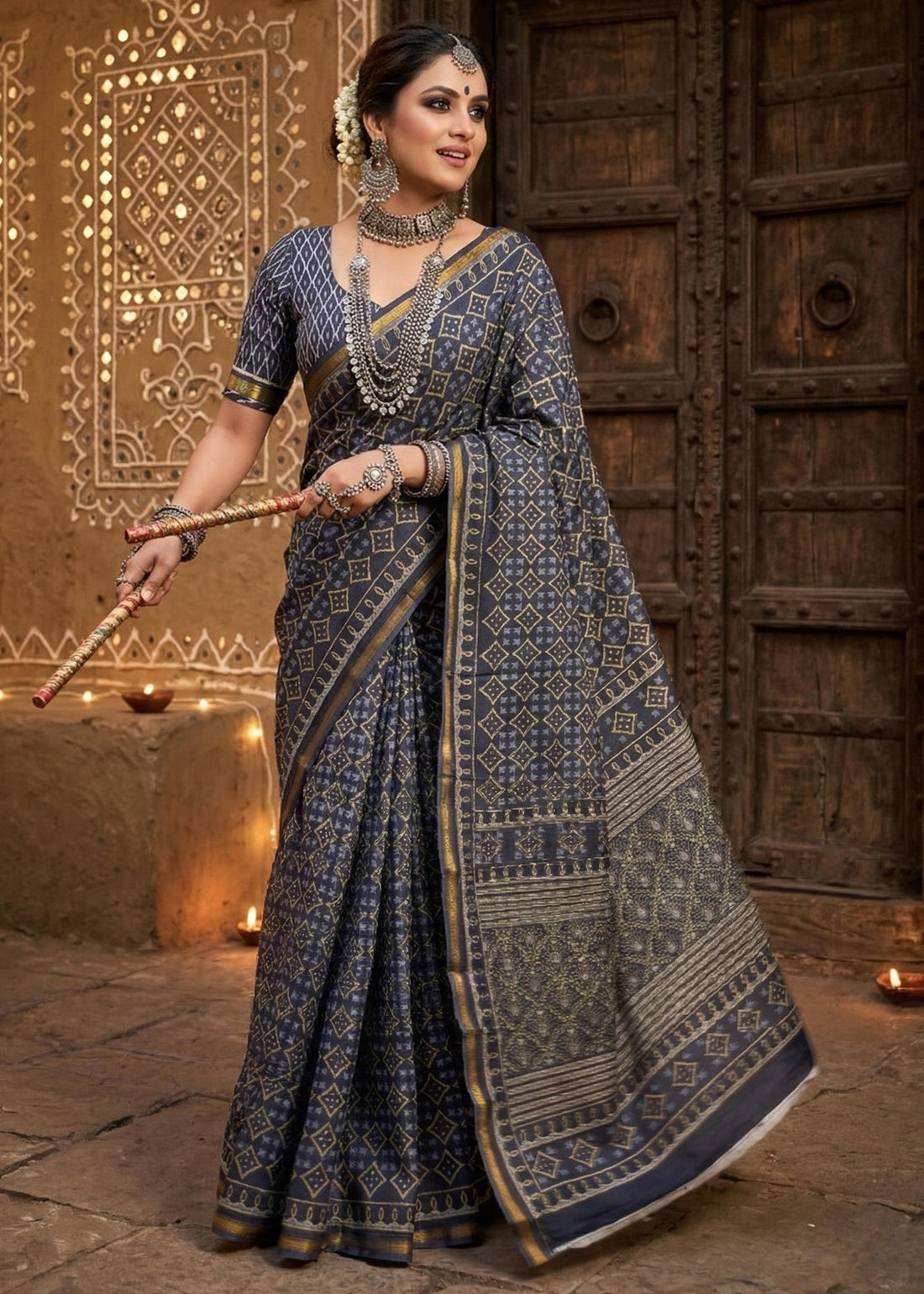 Blue Pure Soft Maslin Cotton Bagru Block Print Cotton Saree 