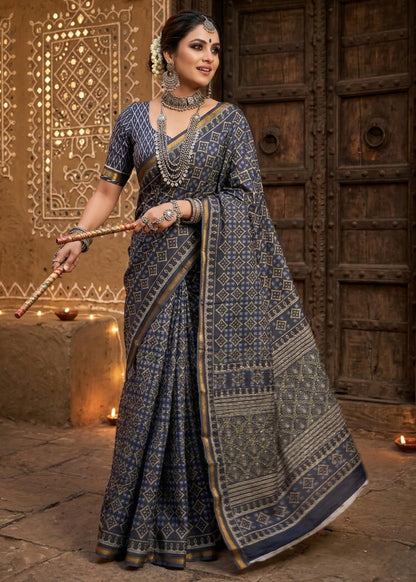 Blue Pure Soft Maslin Cotton Bagru Block Print Cotton Saree 