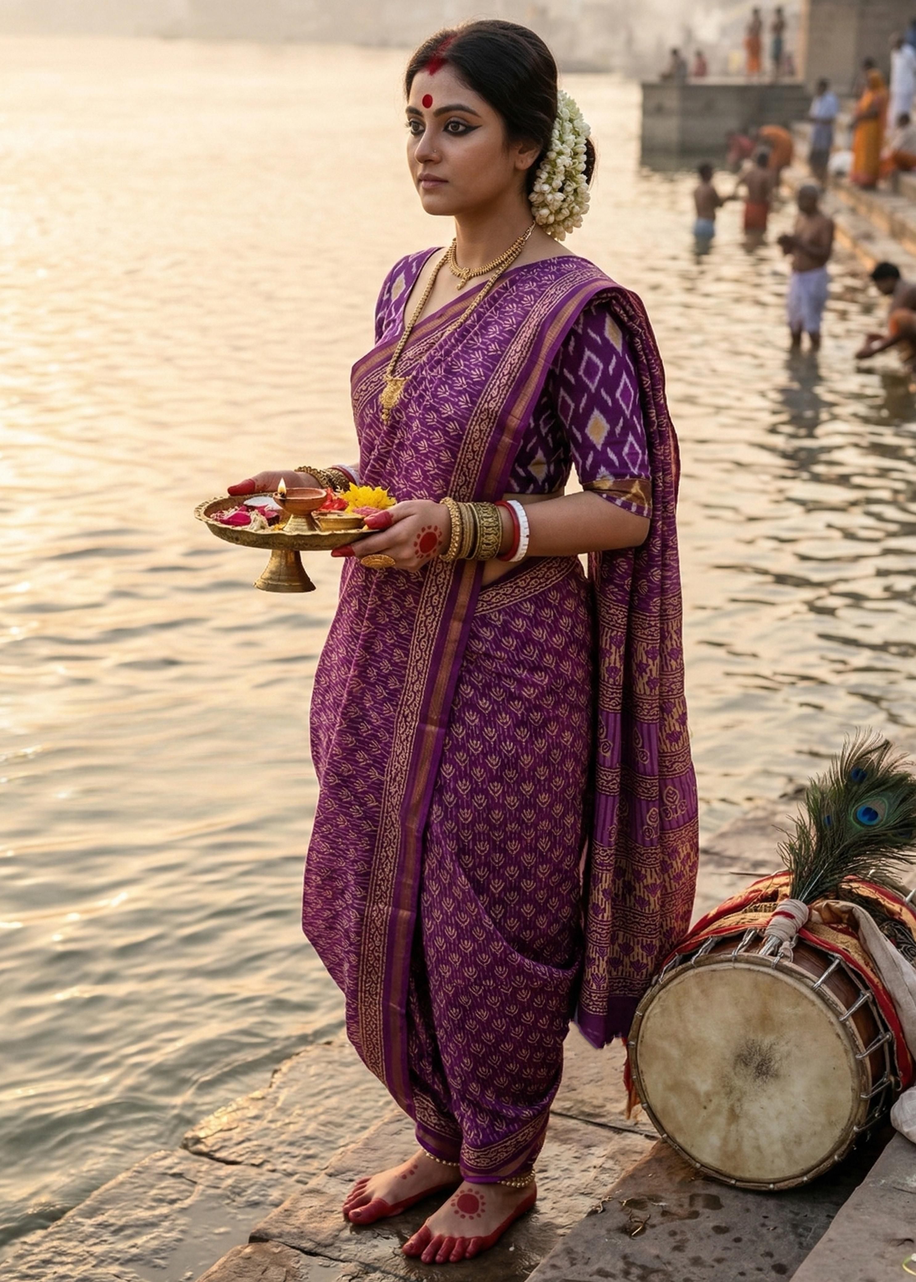 Purple Pure Soft Maslin Cotton Bagru Block Print Cotton Saree