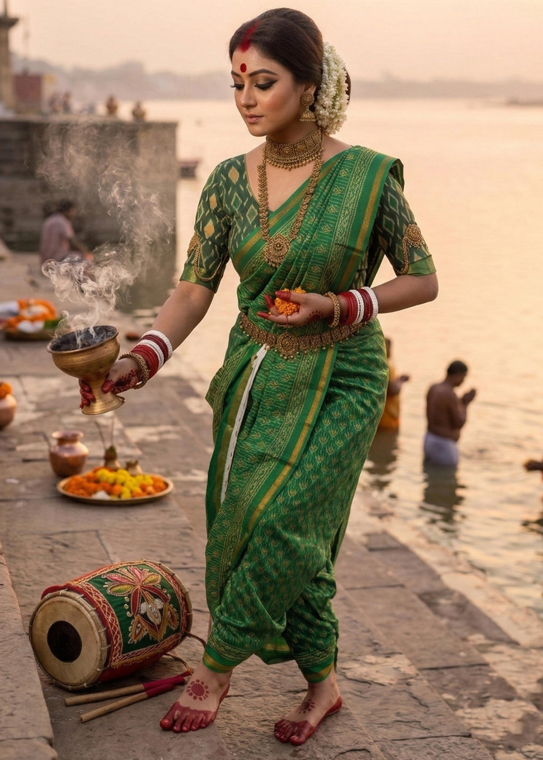 Green Pure Soft Maslin Cotton Bagru Block Print Cotton Saree 