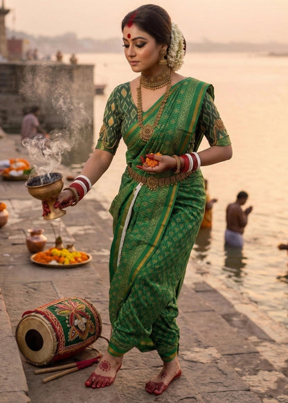 Green Pure Soft Maslin Cotton Bagru Block Print Cotton Saree 