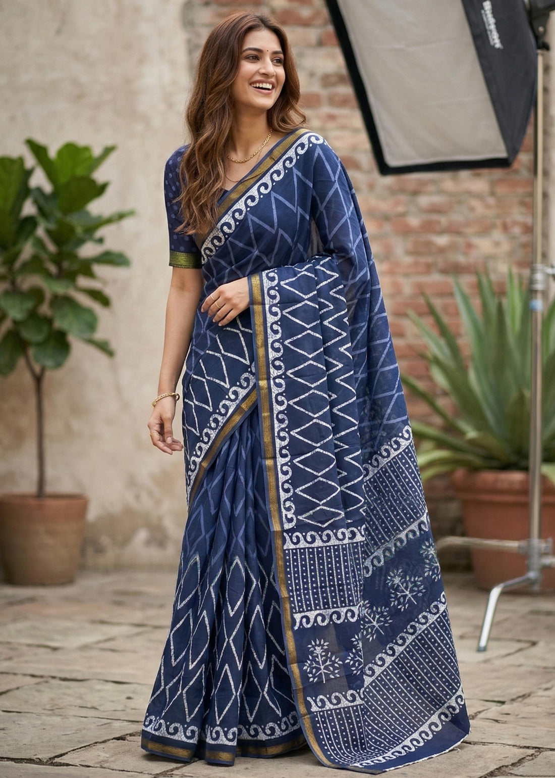 Blue Pure Soft Maslin Cotton Bagru Block Print Cotton Saree 