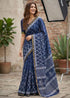 Blue Pure Soft Maslin Cotton Bagru Block Print Cotton Saree 