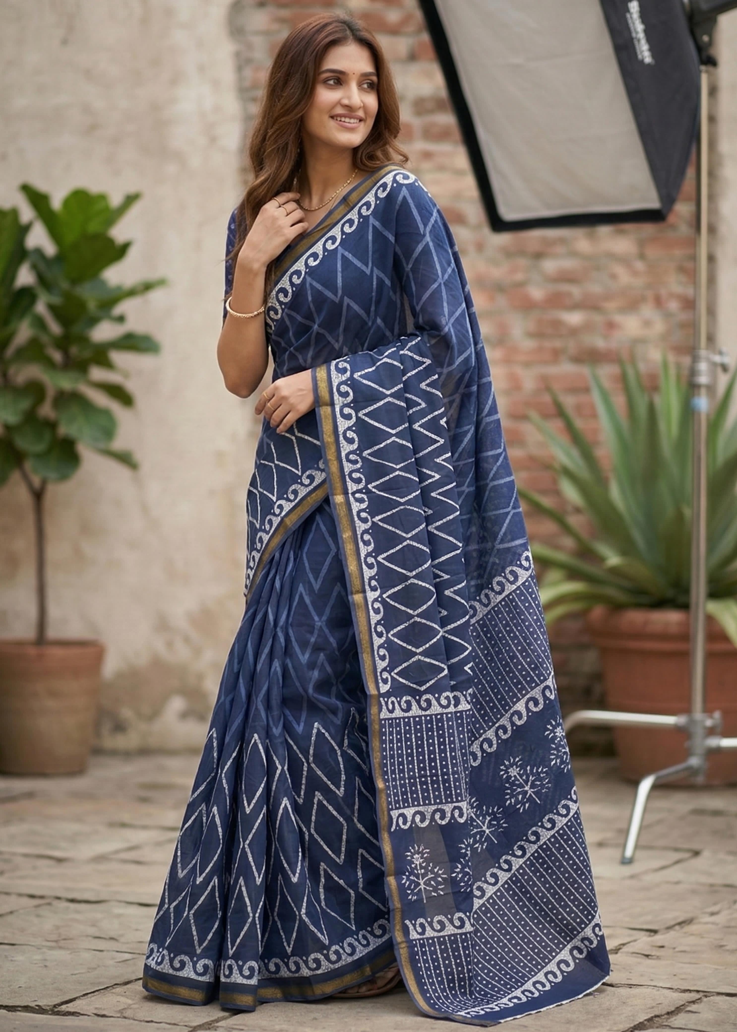 Blue Pure Soft Maslin Cotton Bagru Block Print Cotton Saree ##color## Cotton Saree with premium fabric and embroidery