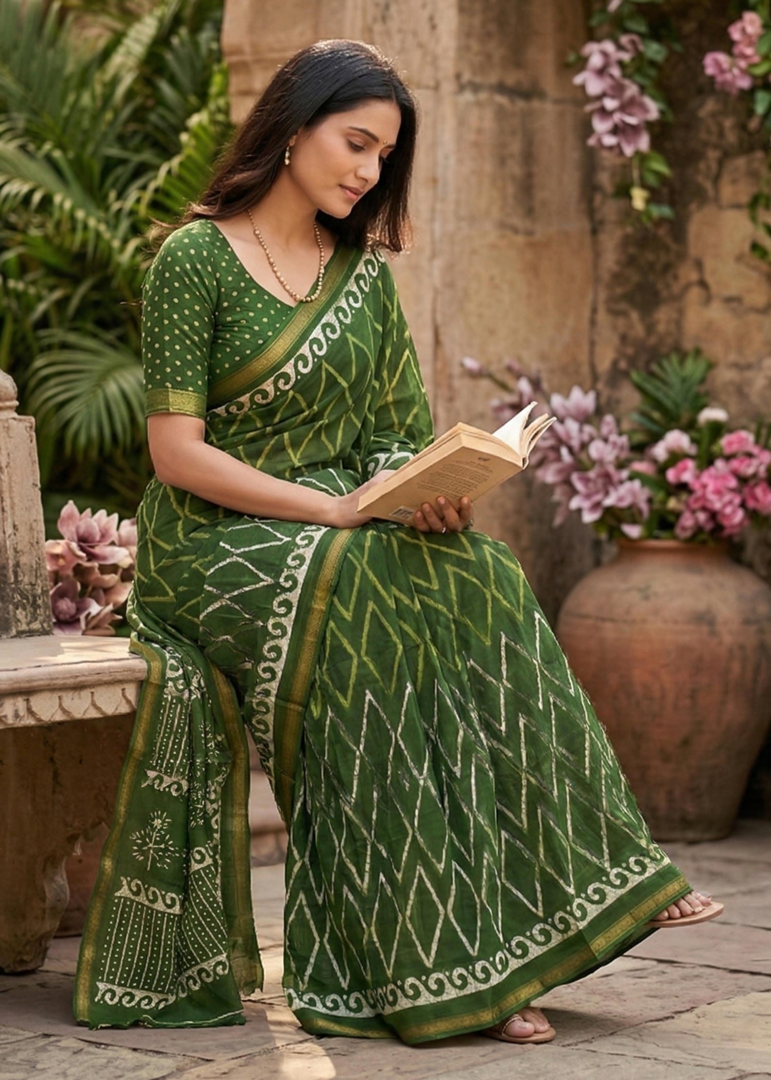 Green Pure Soft Maslin Cotton Bagru Block Print Cotton Saree 