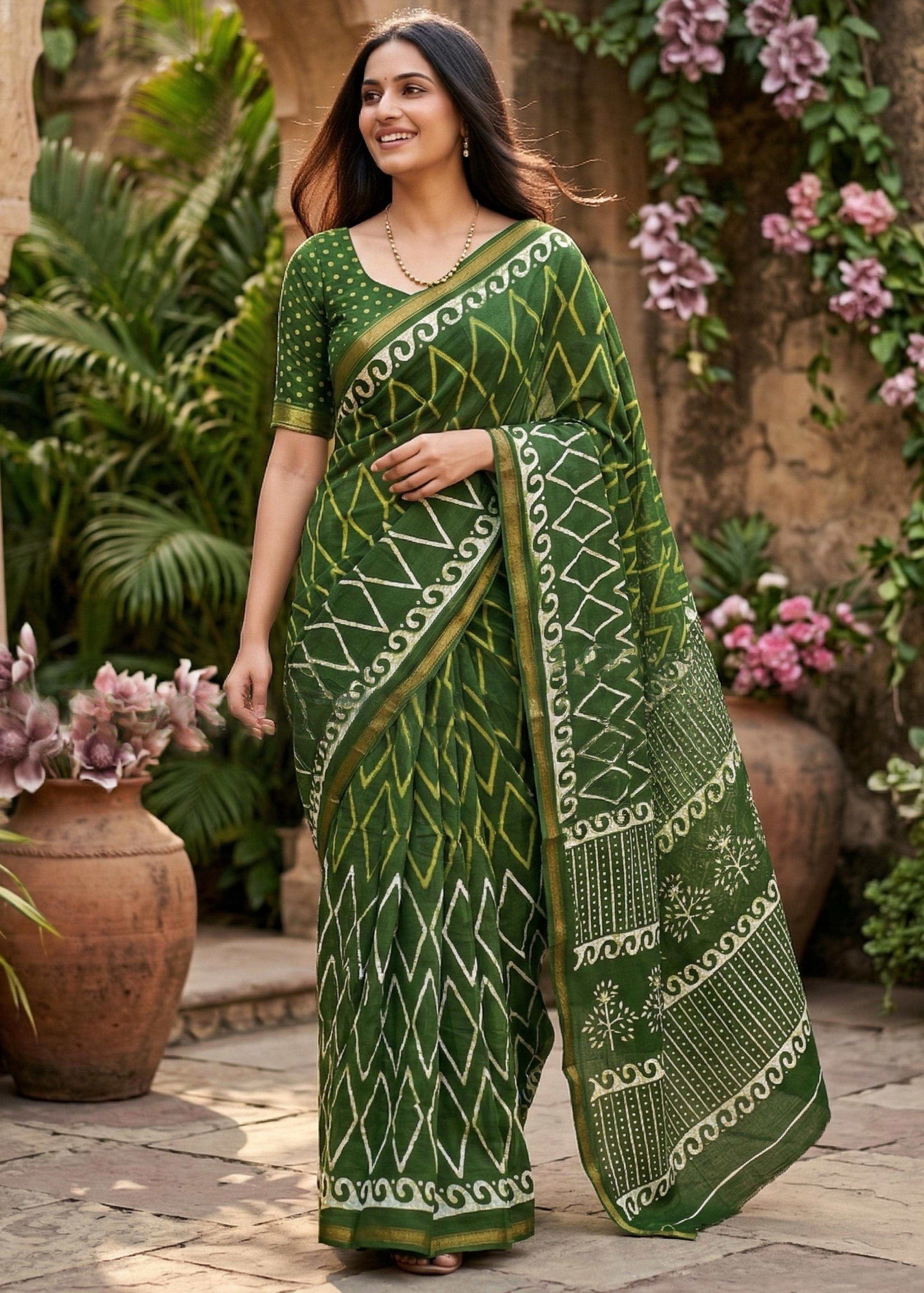 Green Pure Soft Maslin Cotton Bagru Block Print Cotton Saree