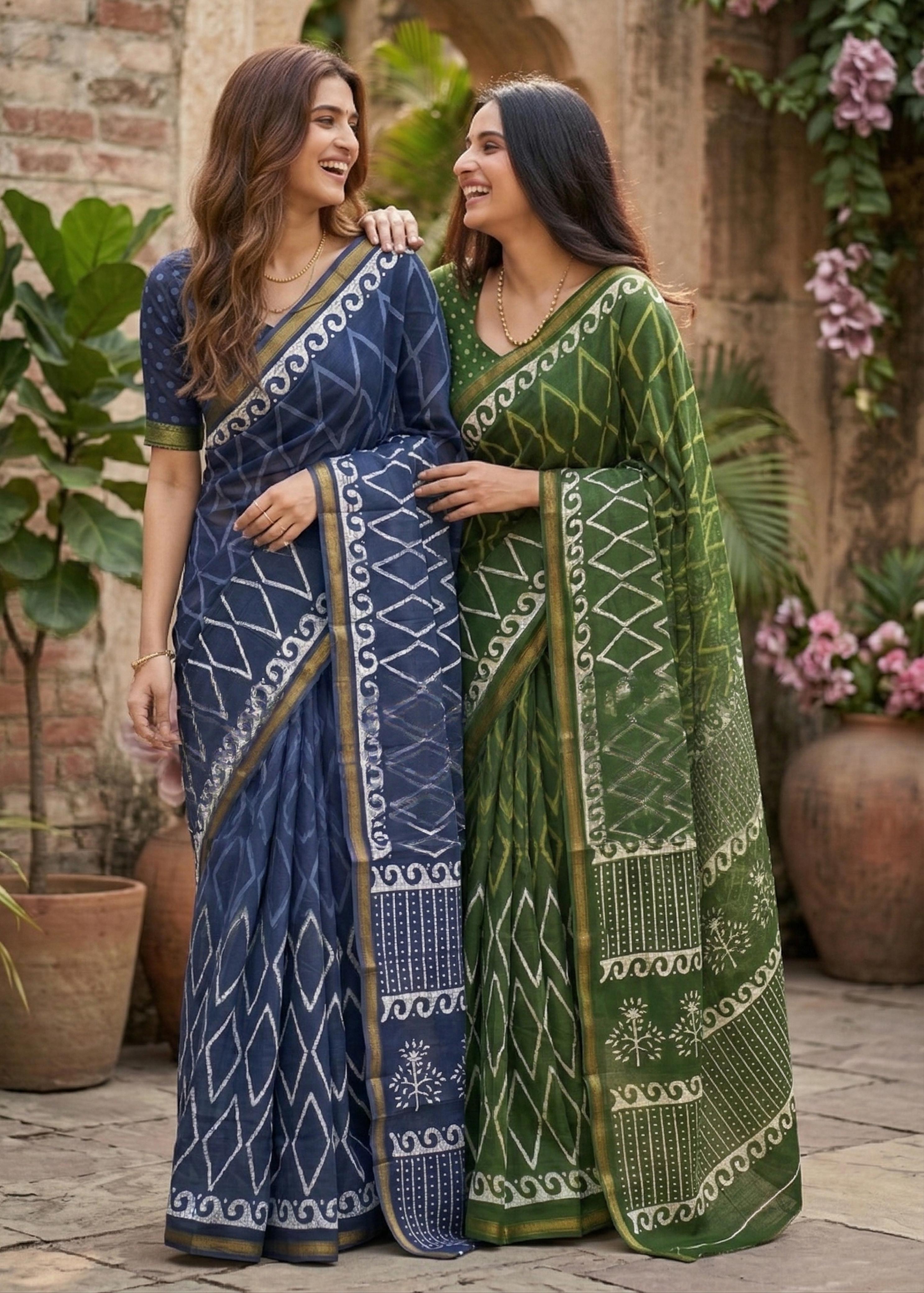 Blue Pure Soft Maslin Cotton Bagru Block Print Cotton Saree 