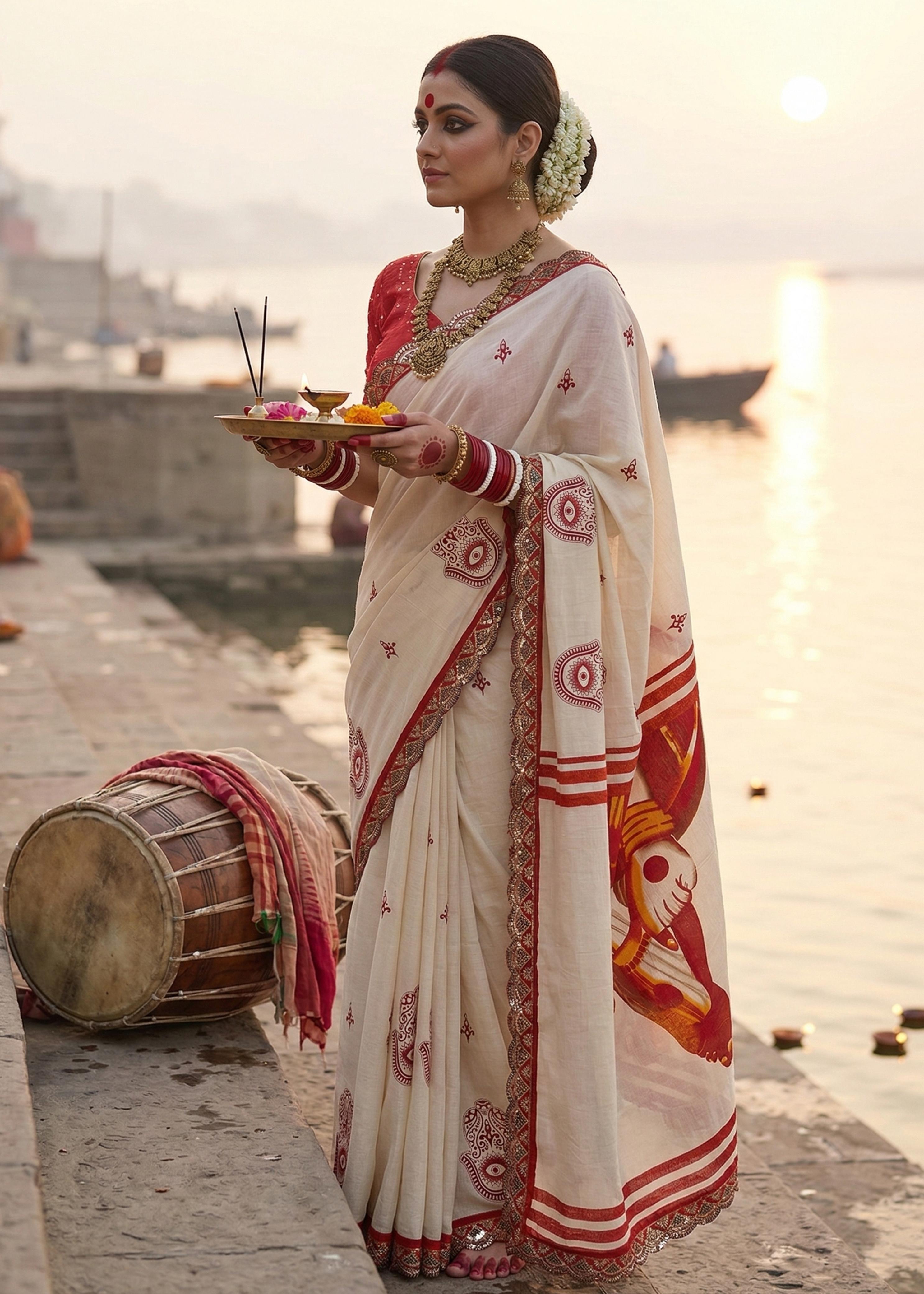 Cream Pure MulMul Cotton Durga Puja Special Hand Block Printed Cotton Saree ##color## Cotton Saree with premium fabric and embroidery