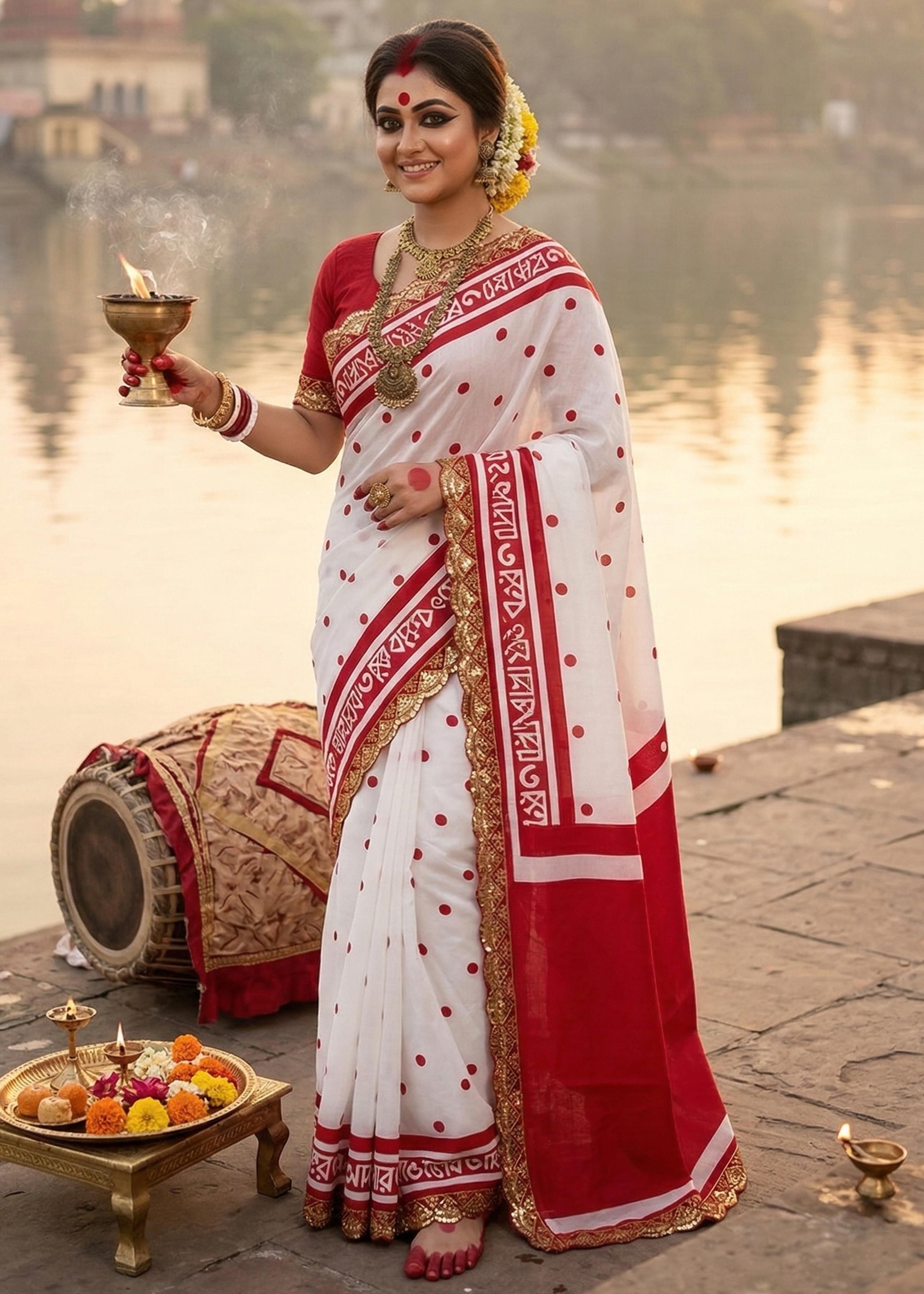 White Pure MulMul Cotton Durga Puja Special Hand Block Printed Cotton Saree