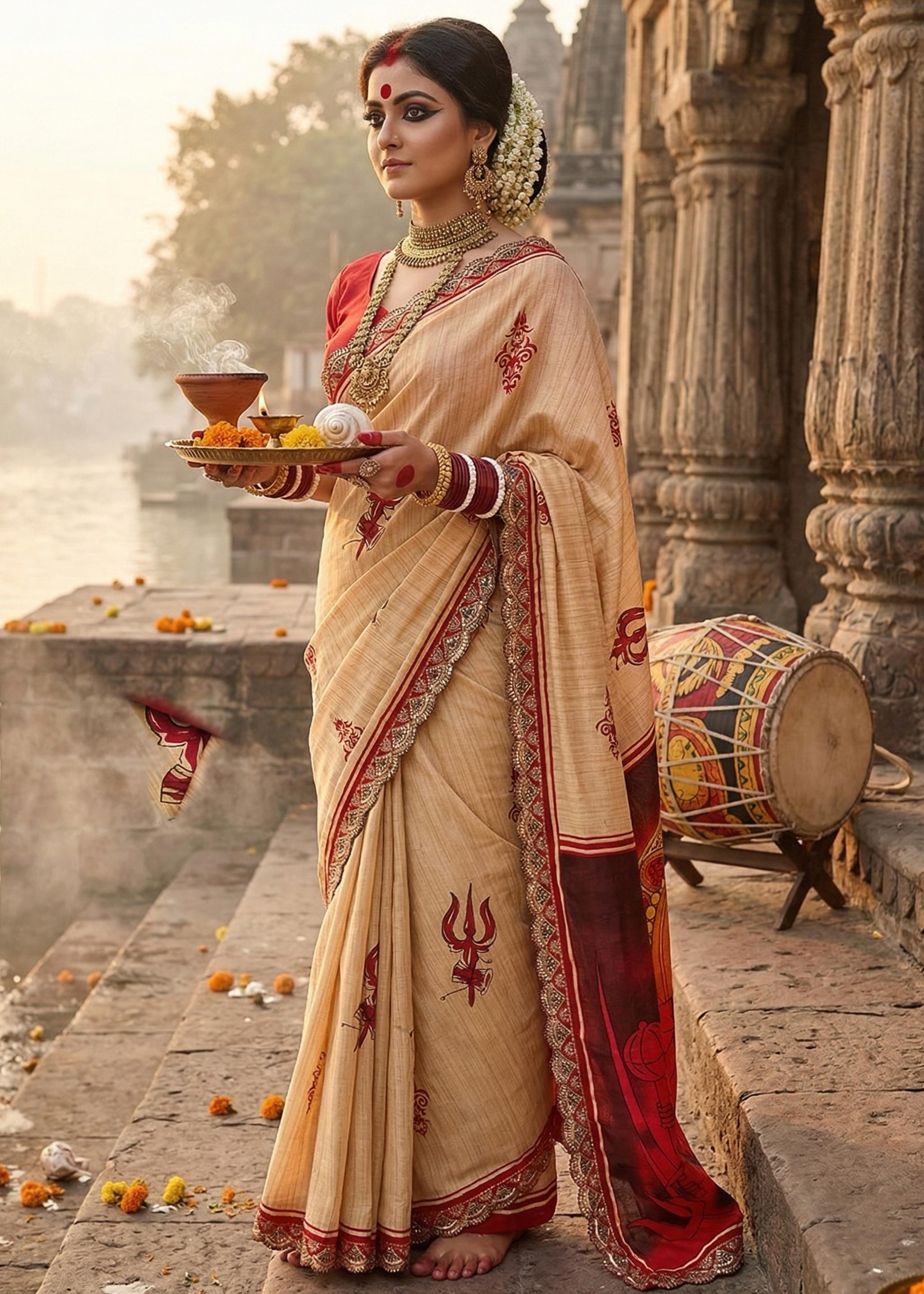 Chiku Pure MulMul Cotton Durga Puja Special Hand Block Printed Cotton Saree ##color## Cotton Saree with premium fabric and embroidery